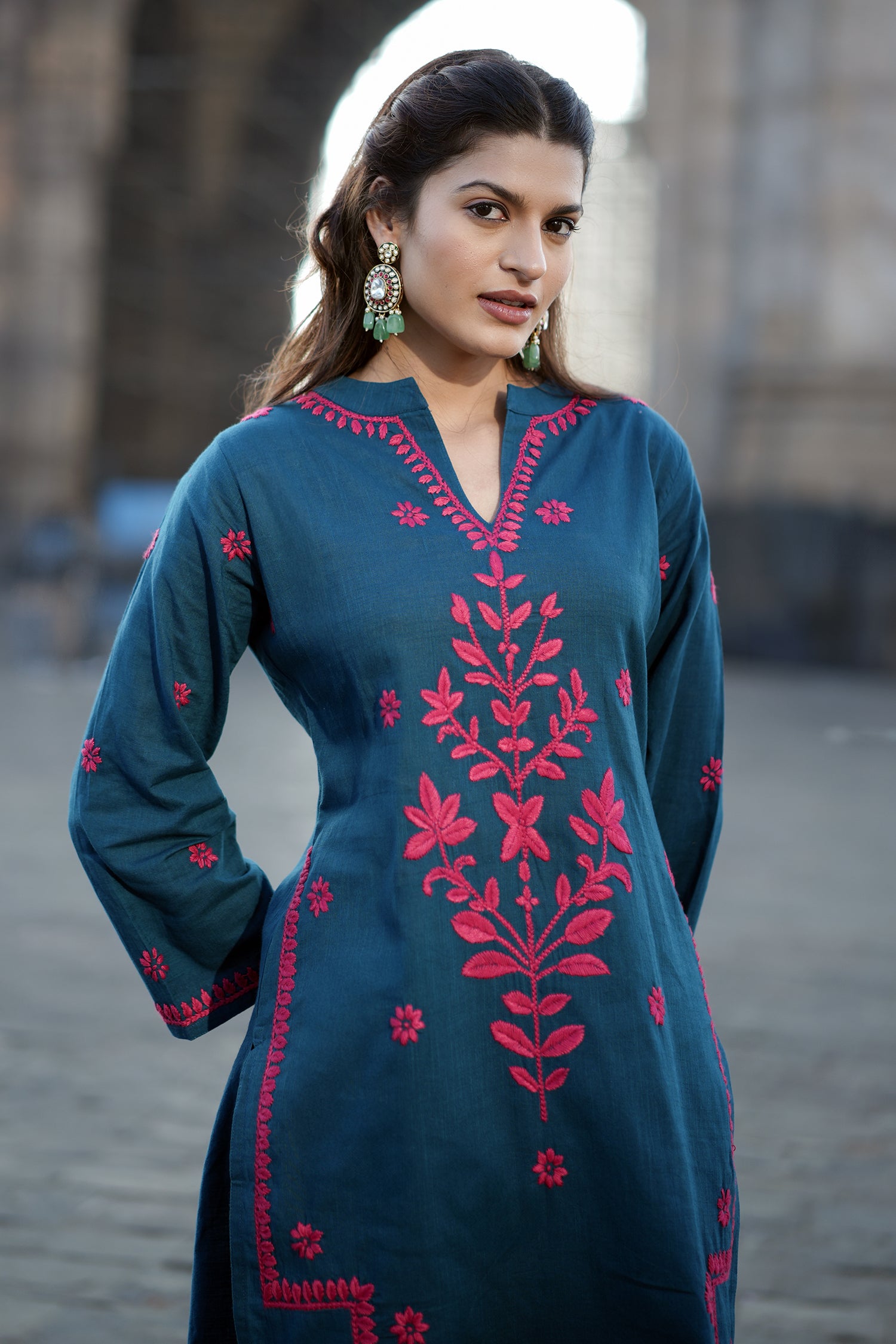 Chikankari Embroidered Kurta Set With Straight Pants – Teal Blue in Cotton