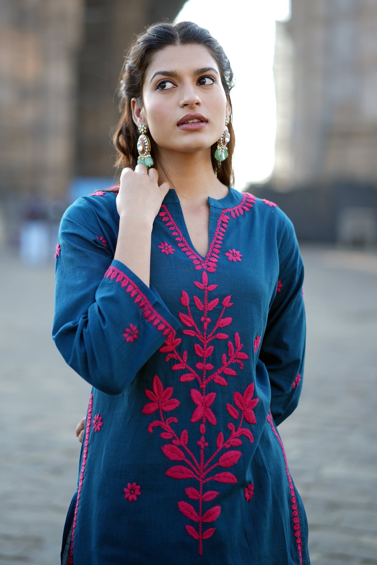 Chikankari Embroidered Kurta Set With Straight Pants – Teal Blue in Cotton