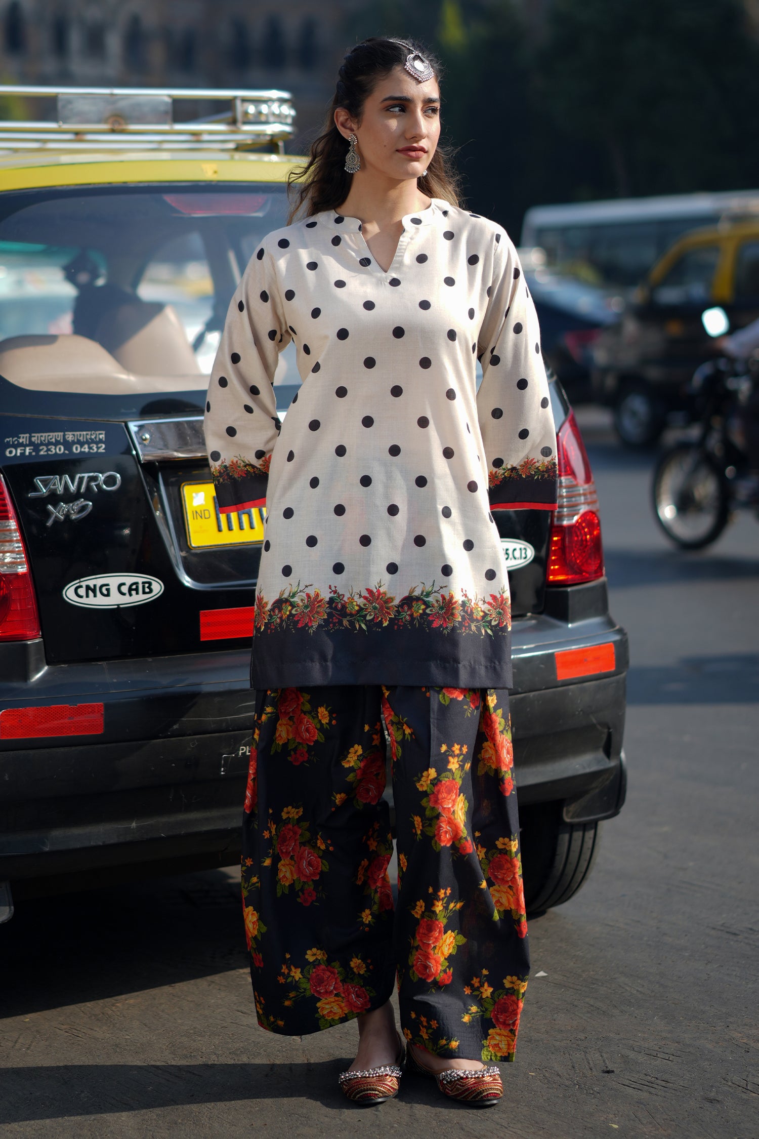 Ivory Polka Floral Printed Lawn Cotton Co-ord Set