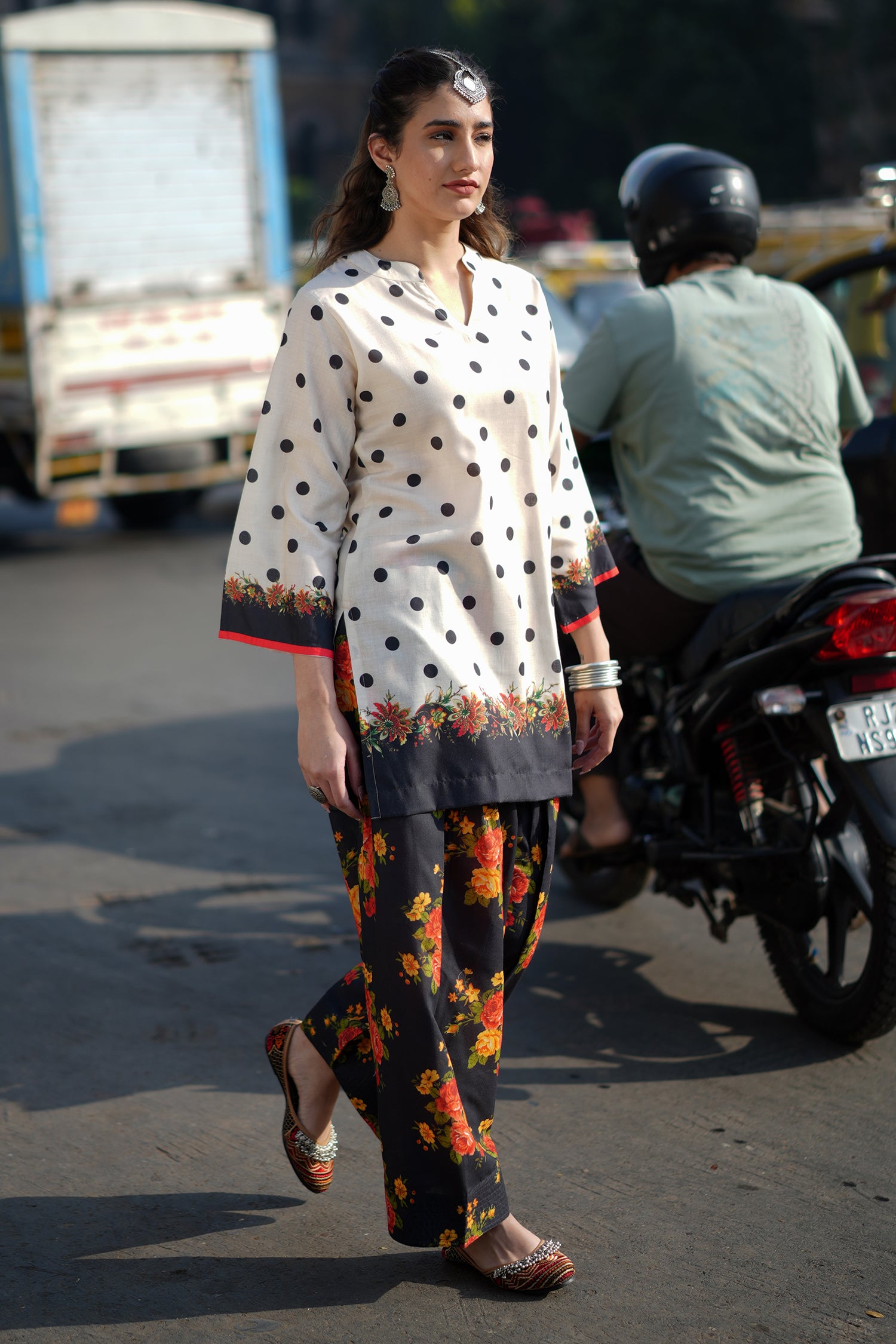 Ivory Polka Floral Printed Lawn Cotton Co-ord Set