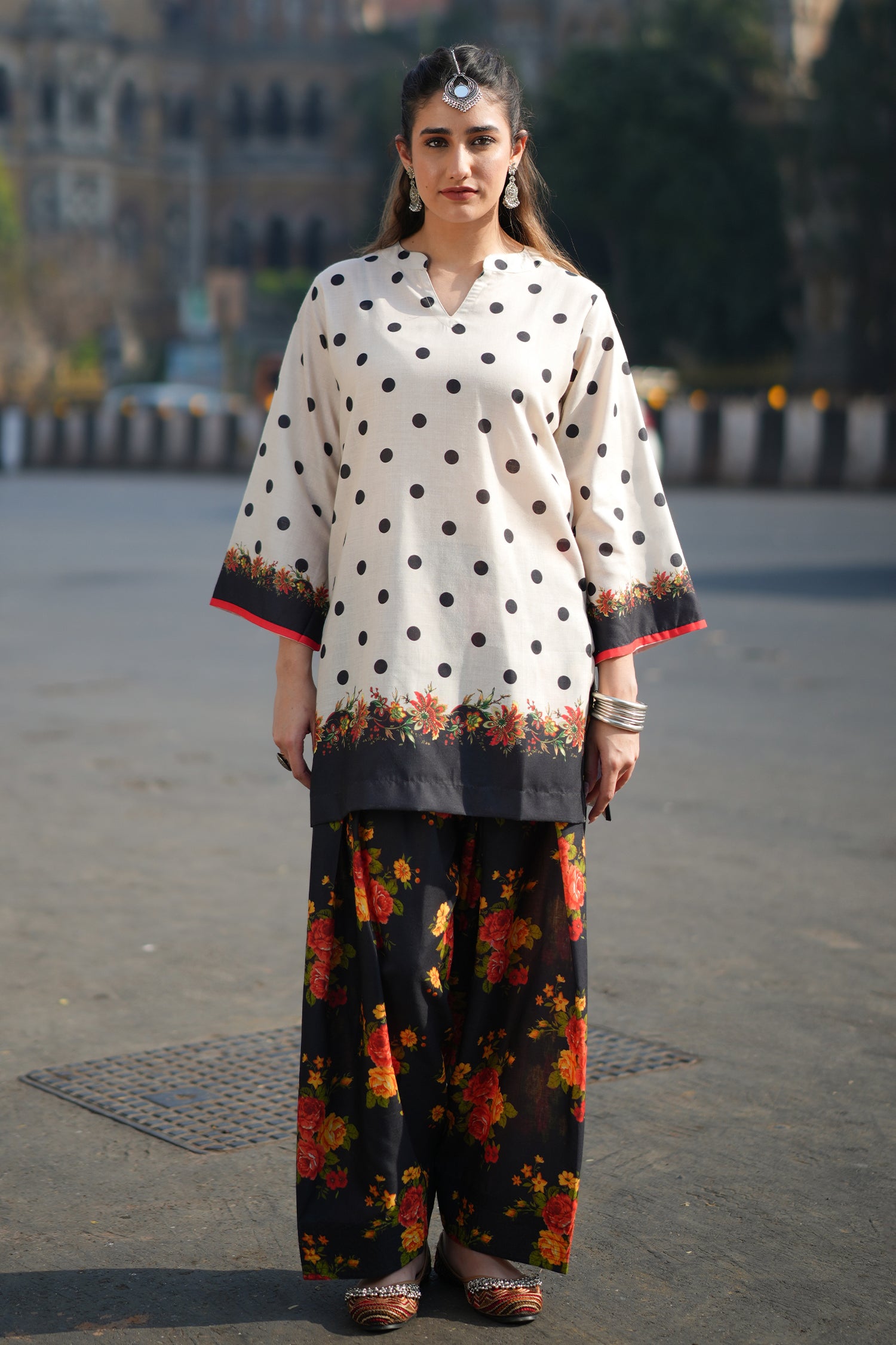 Ivory Polka Floral Printed Lawn Cotton Co-ord Set