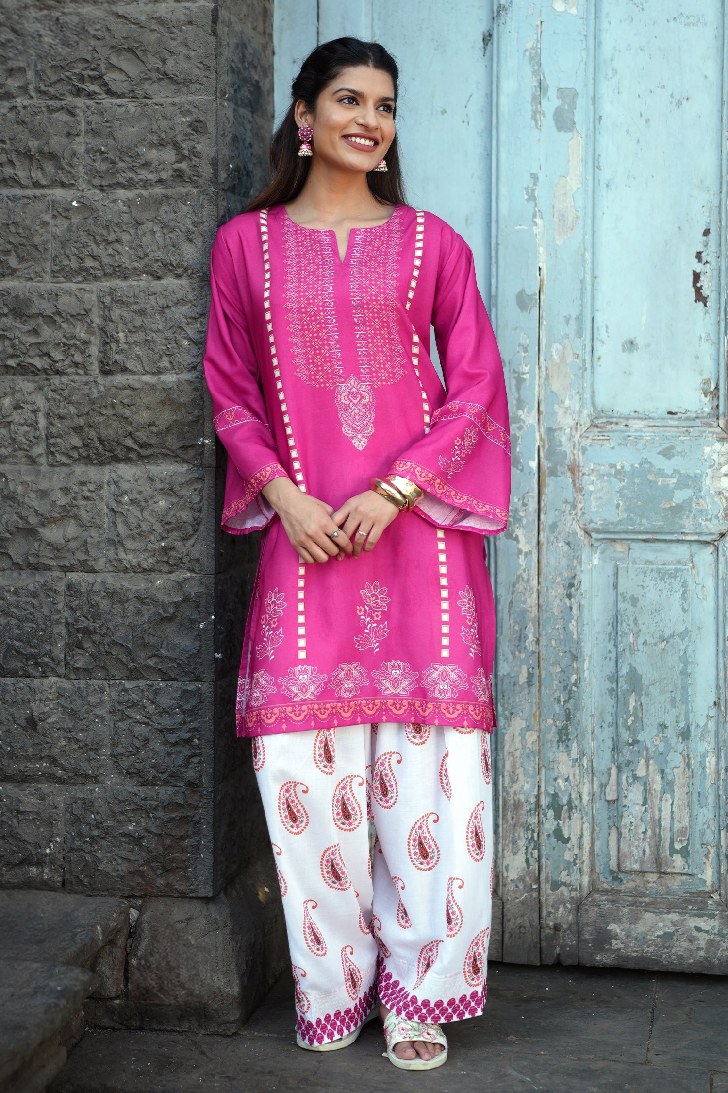 Printed Organza Dupatta - Berry Pink
