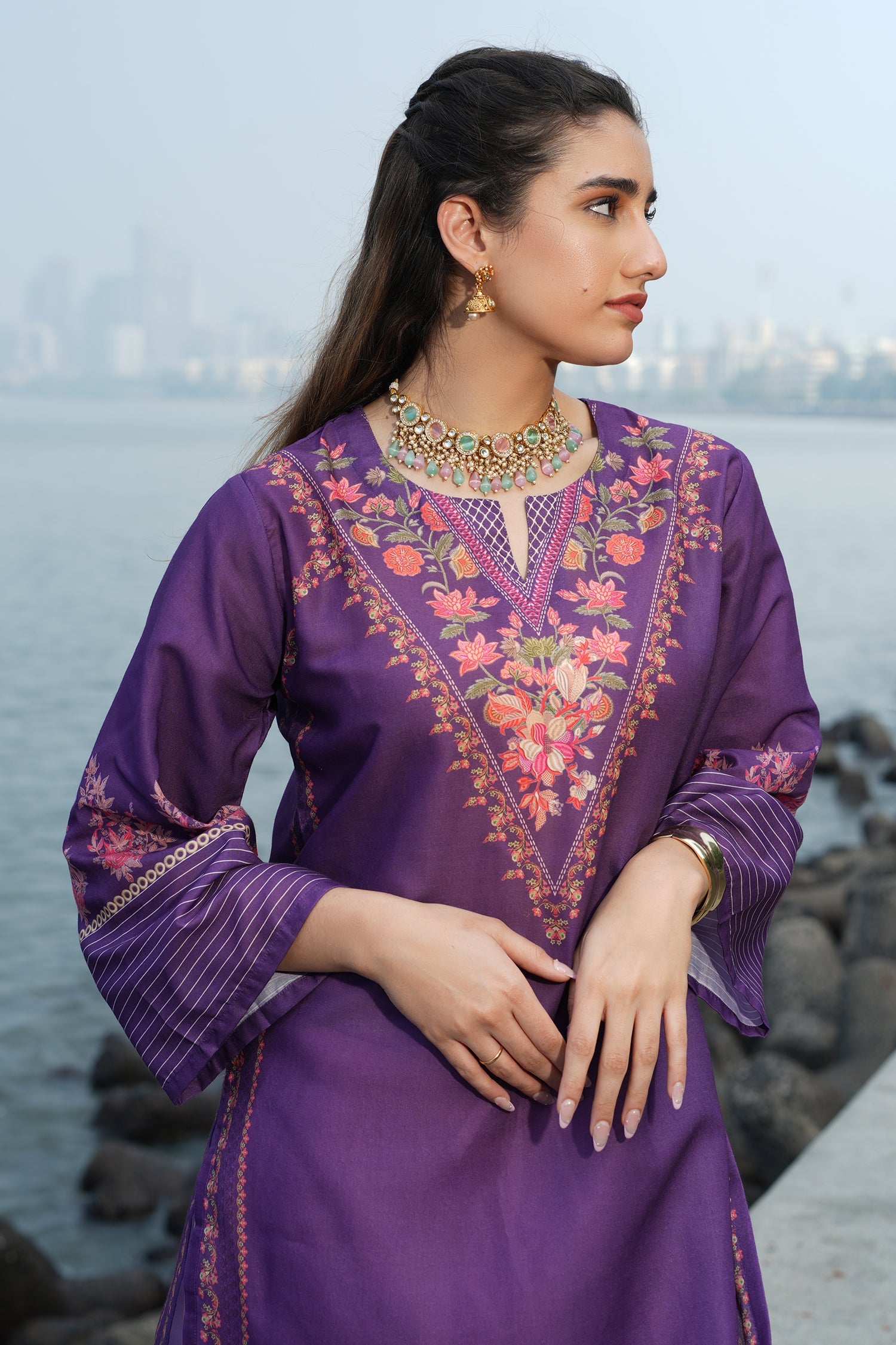 Printed Organza Dupatta - Purple