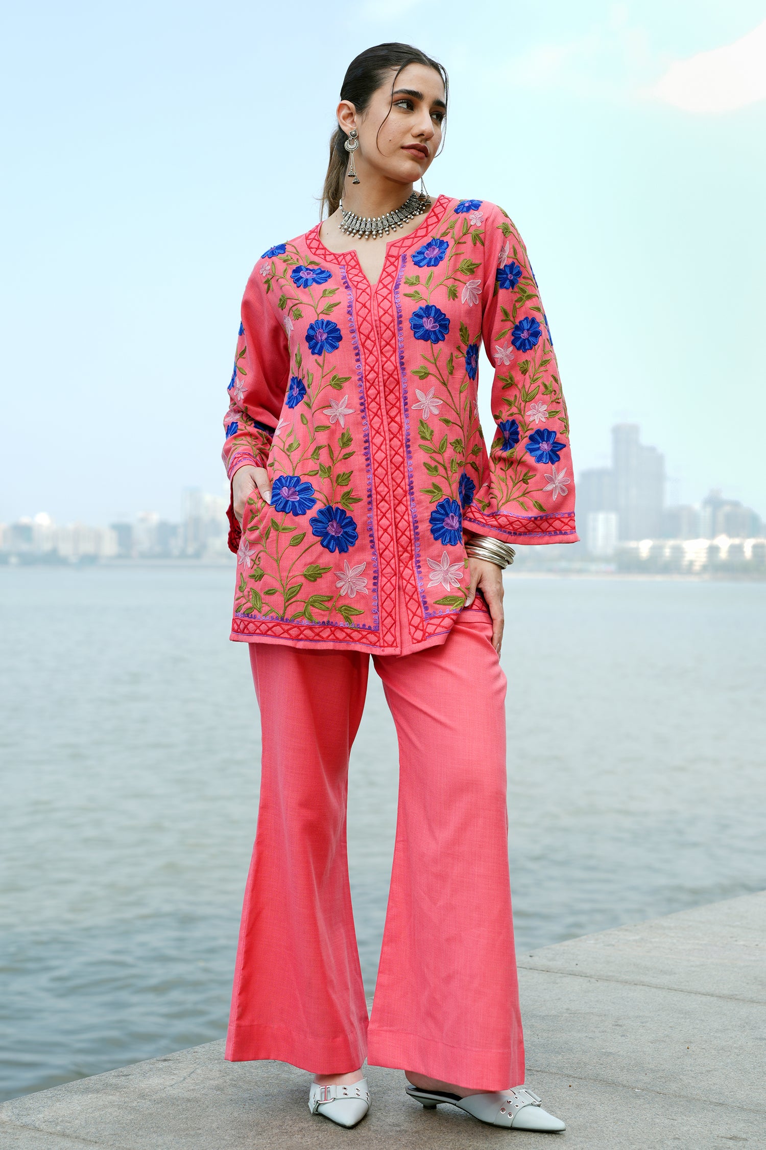 Cotton Kashmiri Aari Embroidered Jacket - Peach