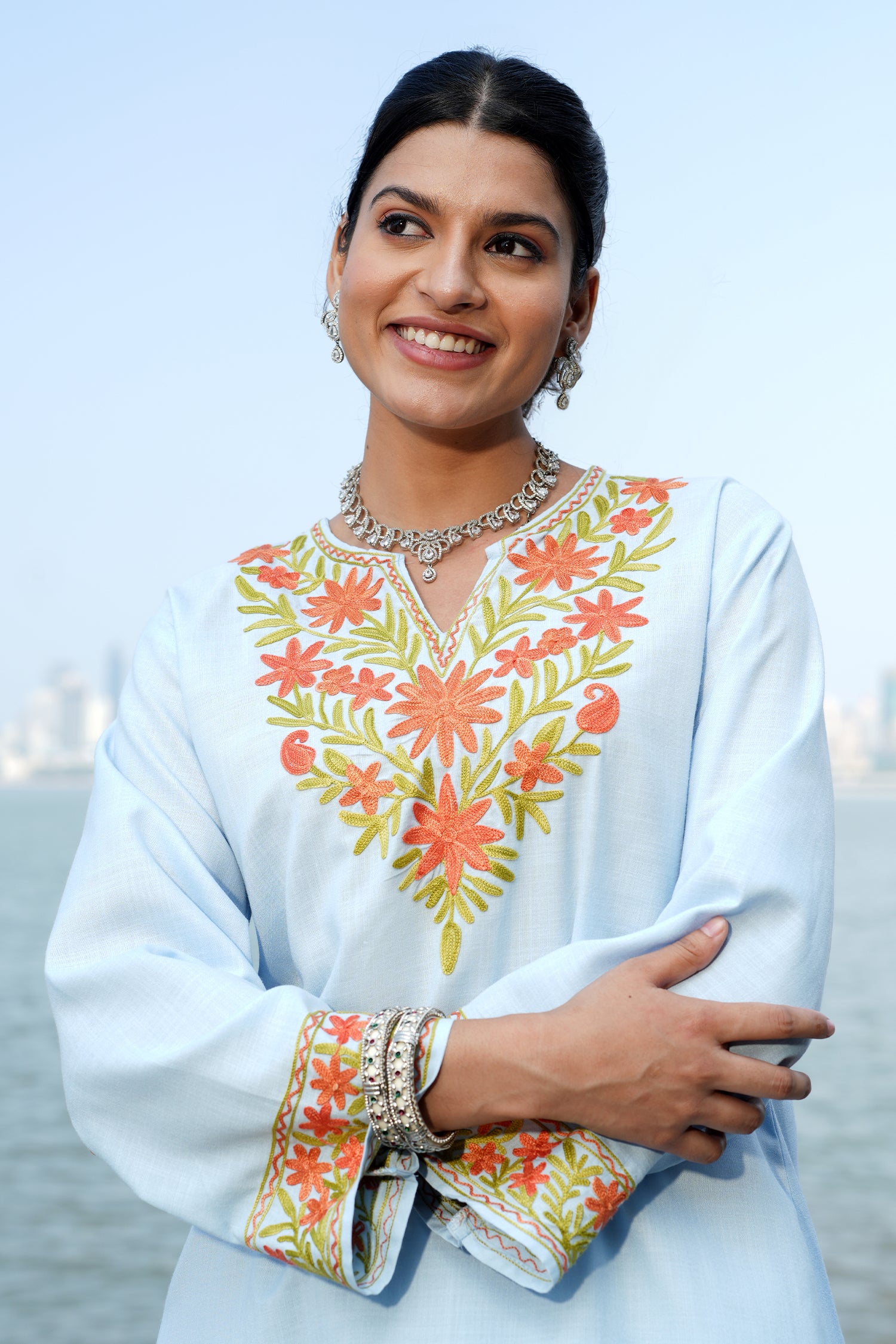 Cotton Kashmiri Aari Embroidered Kurta Set - Sky Blue