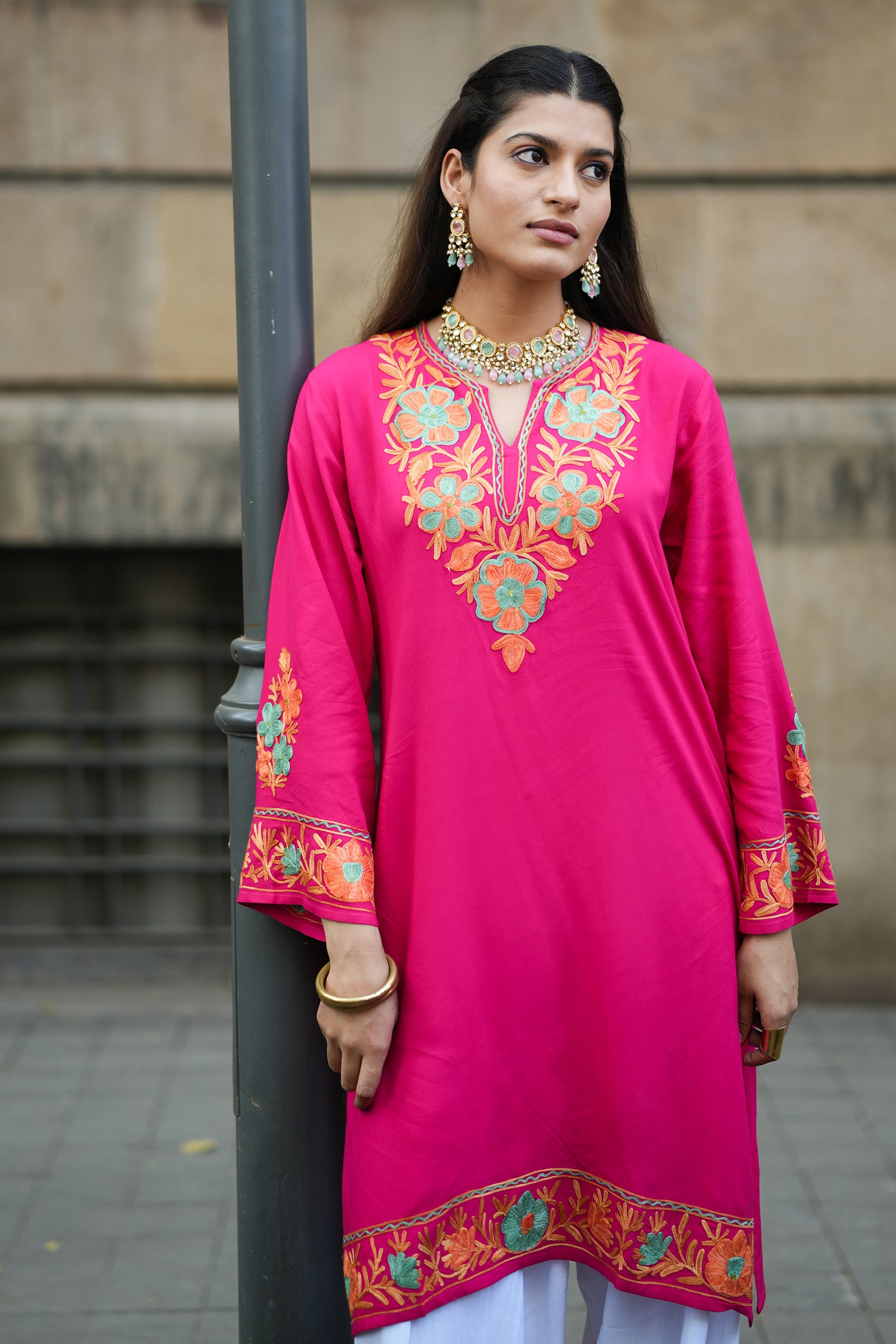 Kashmiri Aari Embroidered Long Kurta in Rayon - Pink