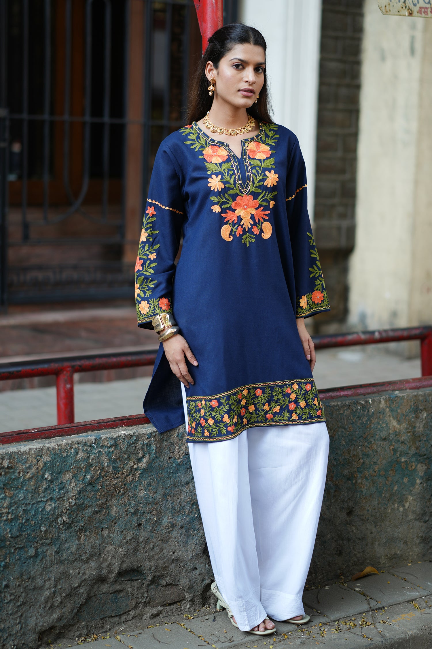 Cotton Kashmiri Aari Embroidered Long Kurta - Navy Blue