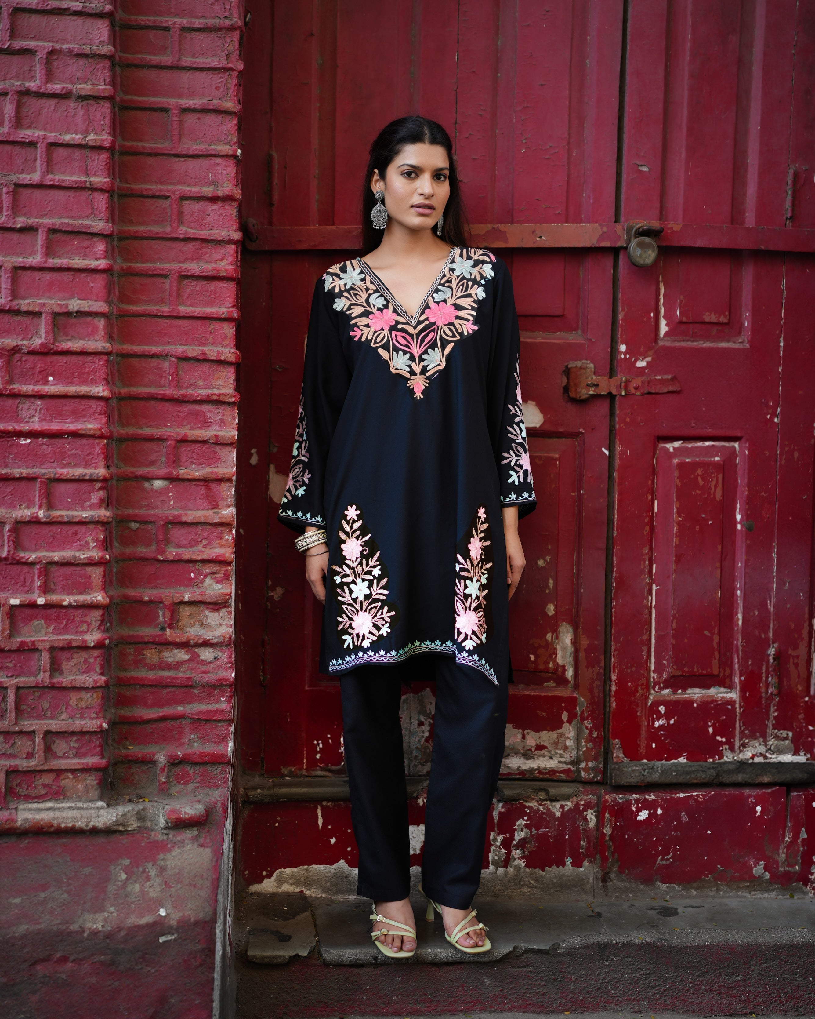 Cotton Kashmiri Aari Embroidered Long Kurta - Black