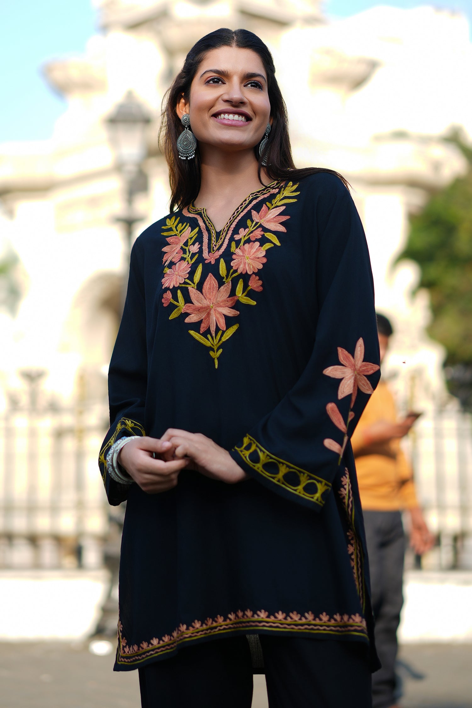 Cotton Kashmiri Aari Embroidered Short Kurta - Black