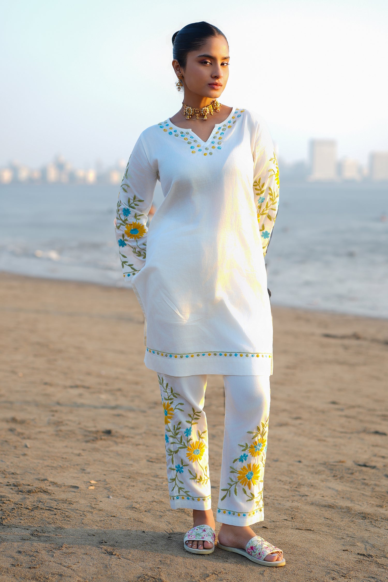 Cotton Chikankari Embroidered Kurta Set With Straight Pants – Ivory Flora