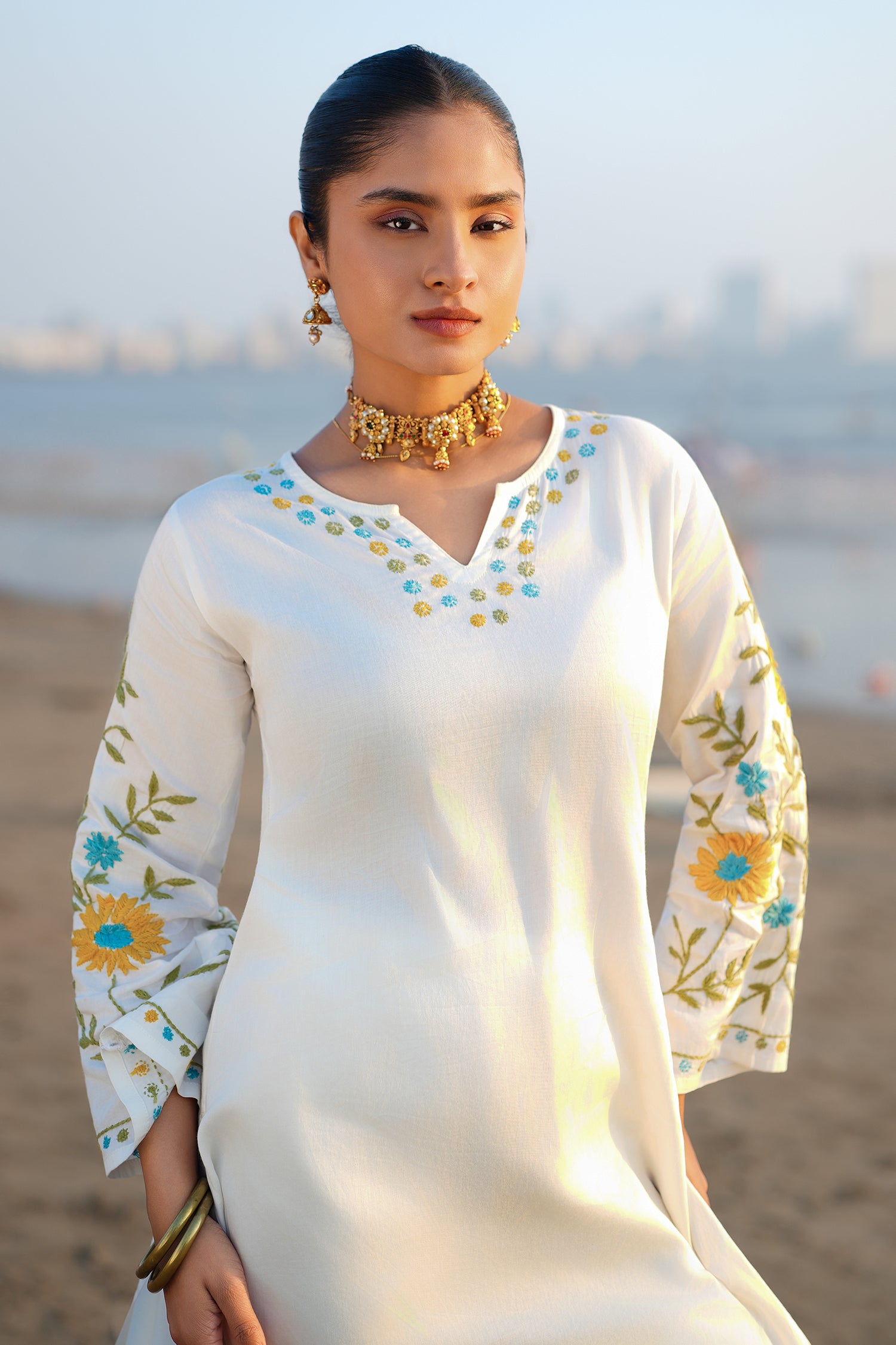 Cotton Chikankari Embroidered Kurta Set With Straight Pants – Ivory Flora