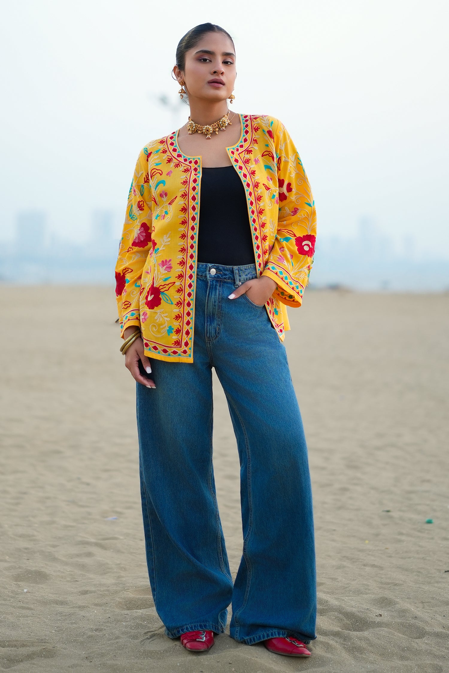 Cotton Kashmiri Aari Embroidered Jacket – Mustard