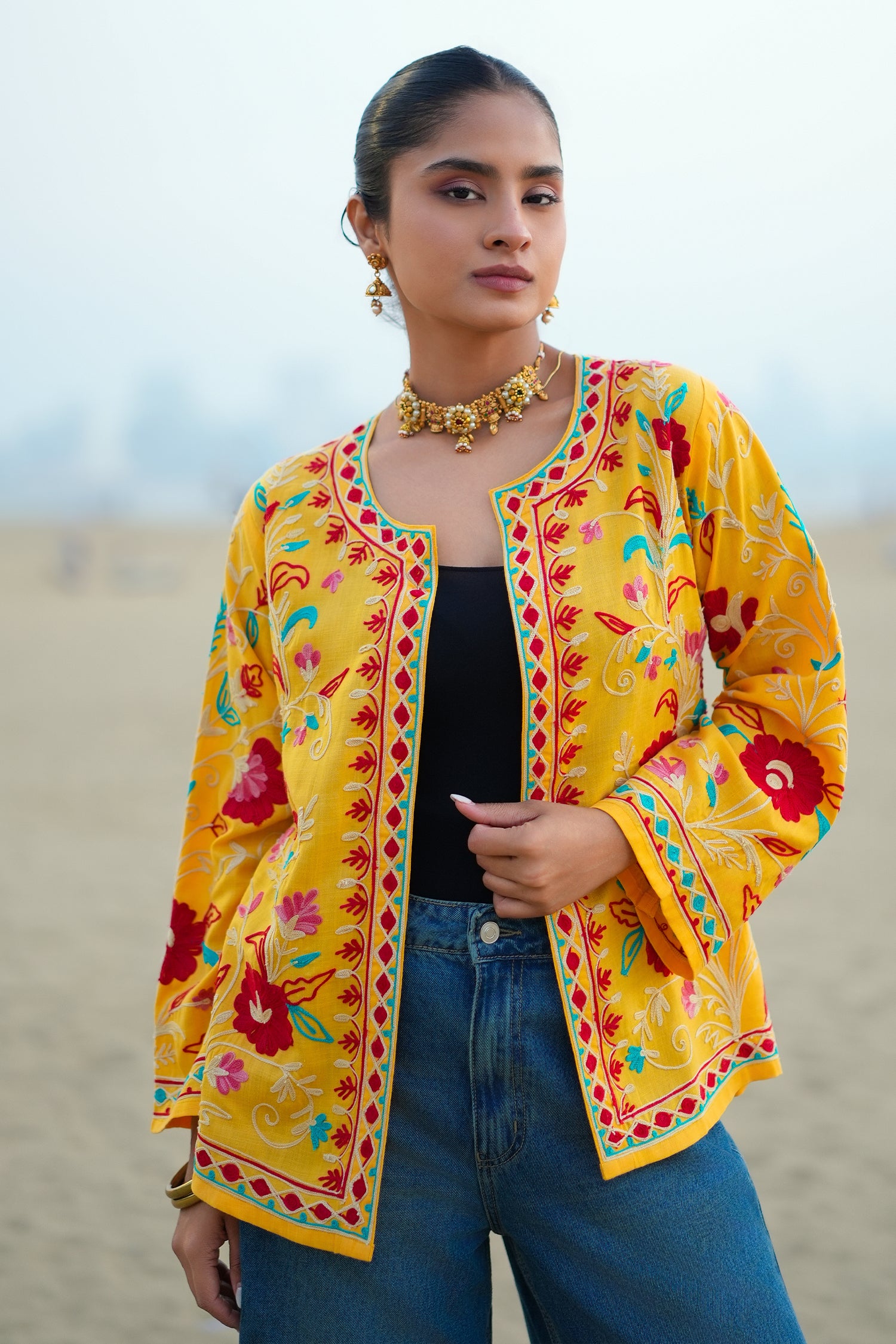 Cotton Kashmiri Aari Embroidered Jacket – Mustard