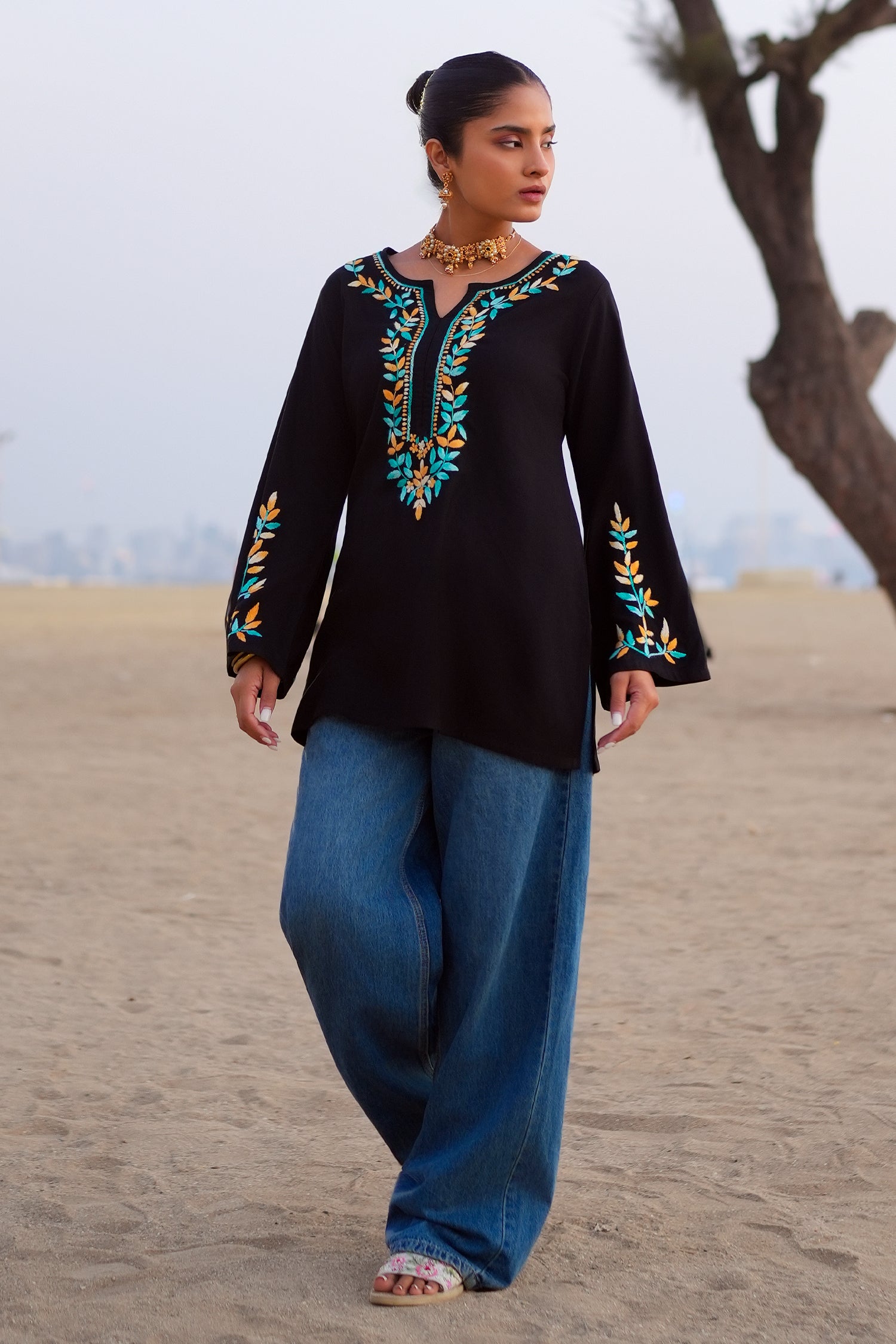 Chikankari Embroidered Short Kurta in Rayon – Black