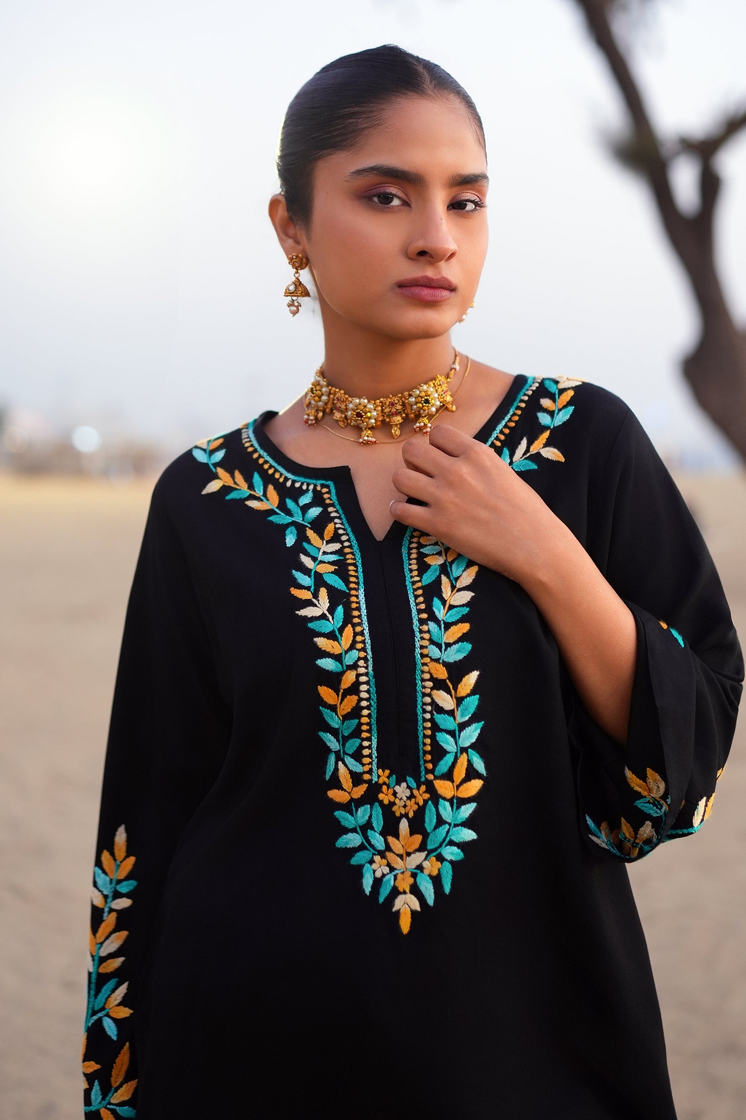 Chikankari Embroidered Short Kurta in Rayon – Black