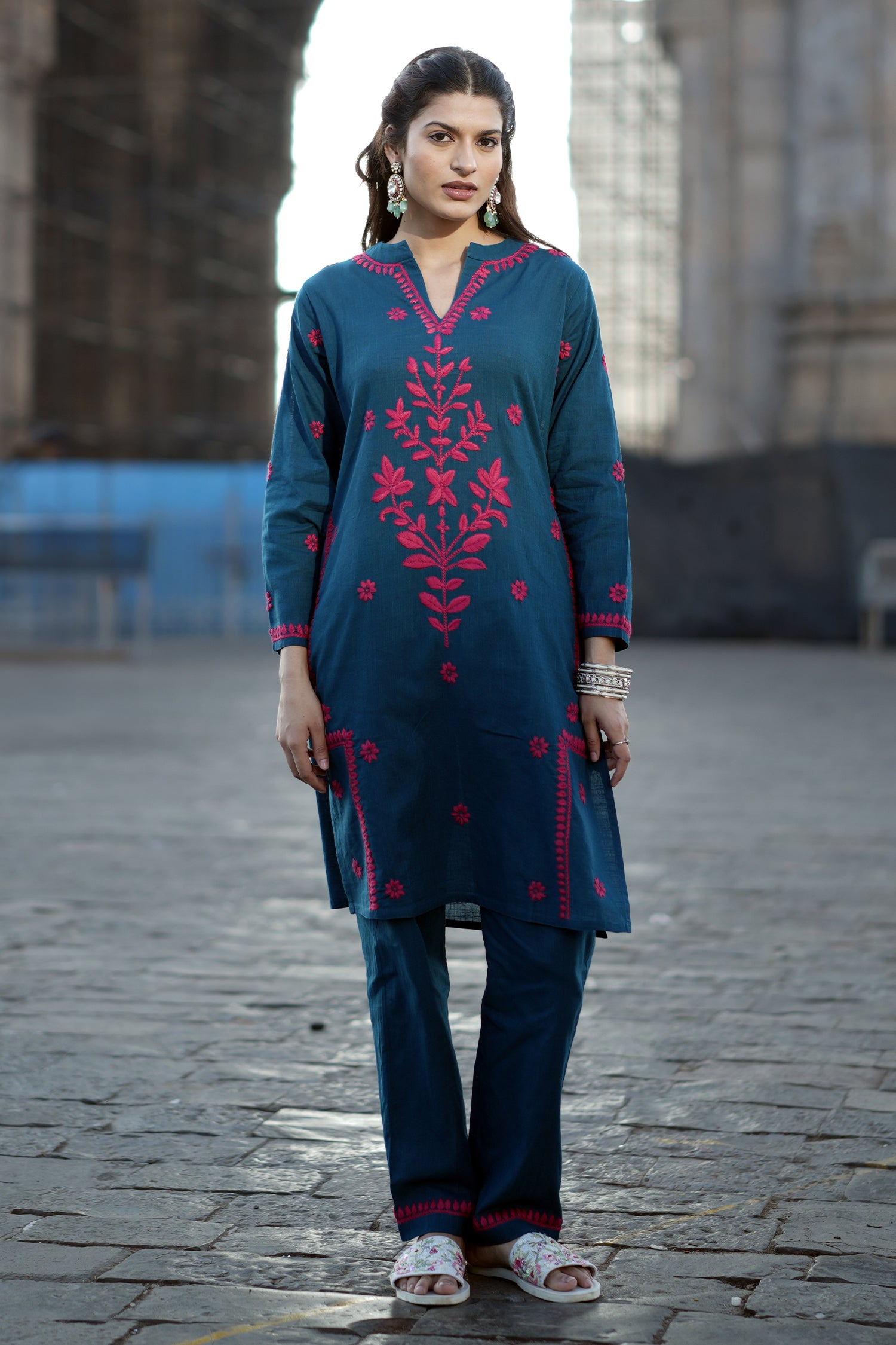 Chikankari Embroidered Kurta Set With Straight Pants – Teal Blue in Cotton