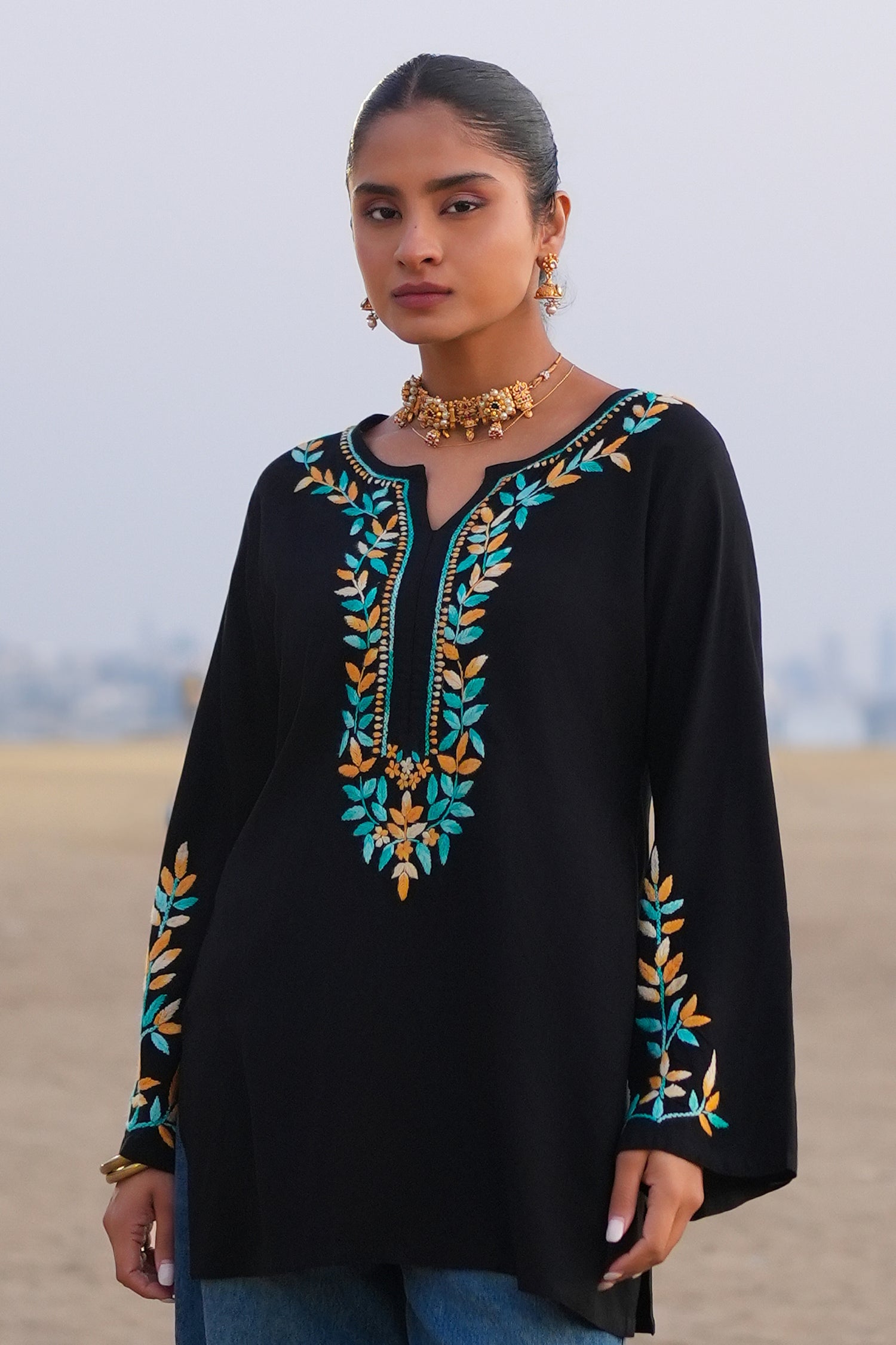 Chikankari Embroidered Short Kurta in Rayon – Black