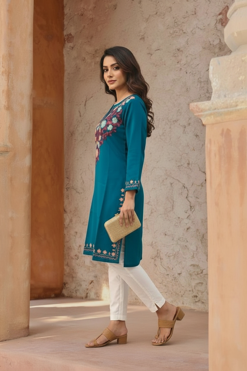 Woolen Kashmiri Aari Short Kurta – Teal Blue