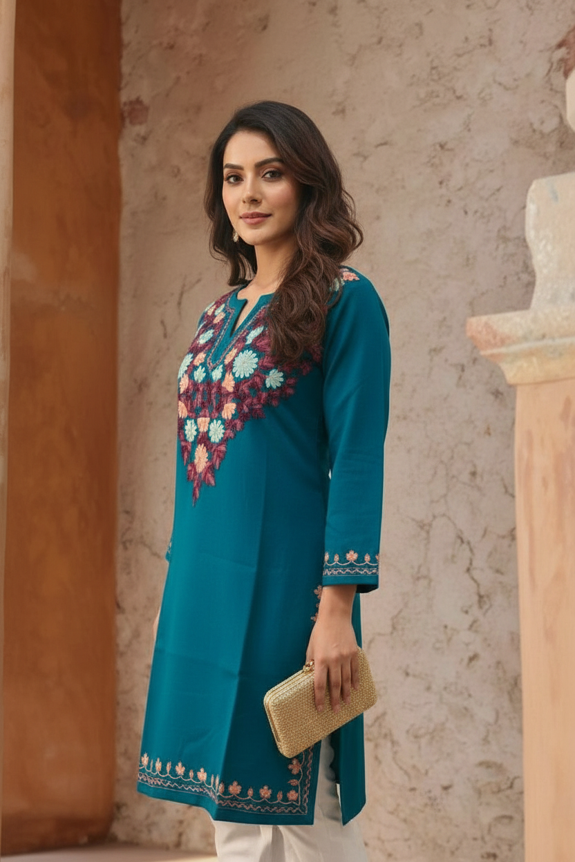 Woolen Kashmiri Aari Short Kurta – Teal Blue