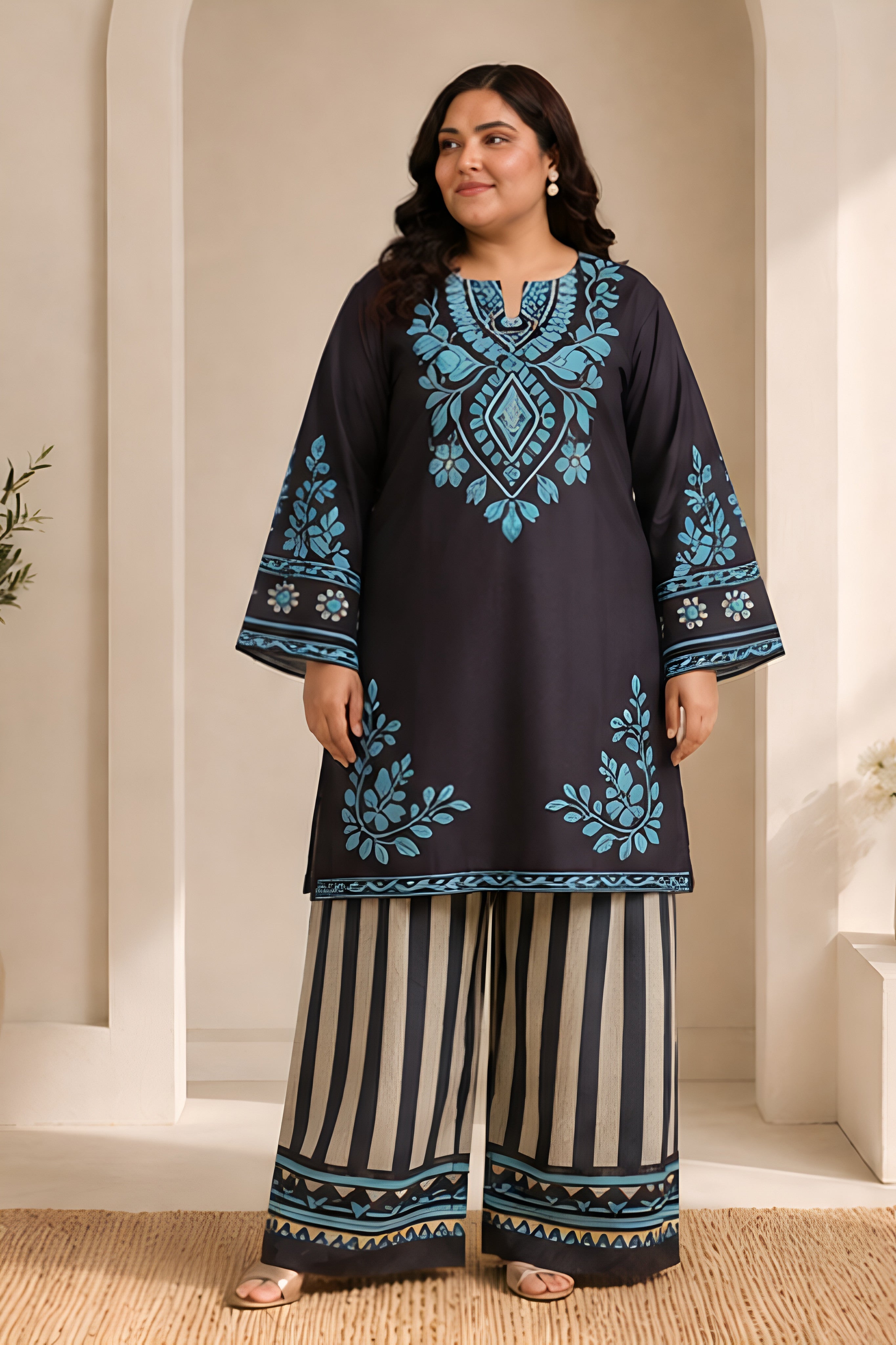 Plus Size - Black & Teal Printed Lawn Cotton Co-ord Set with Farsi Pants