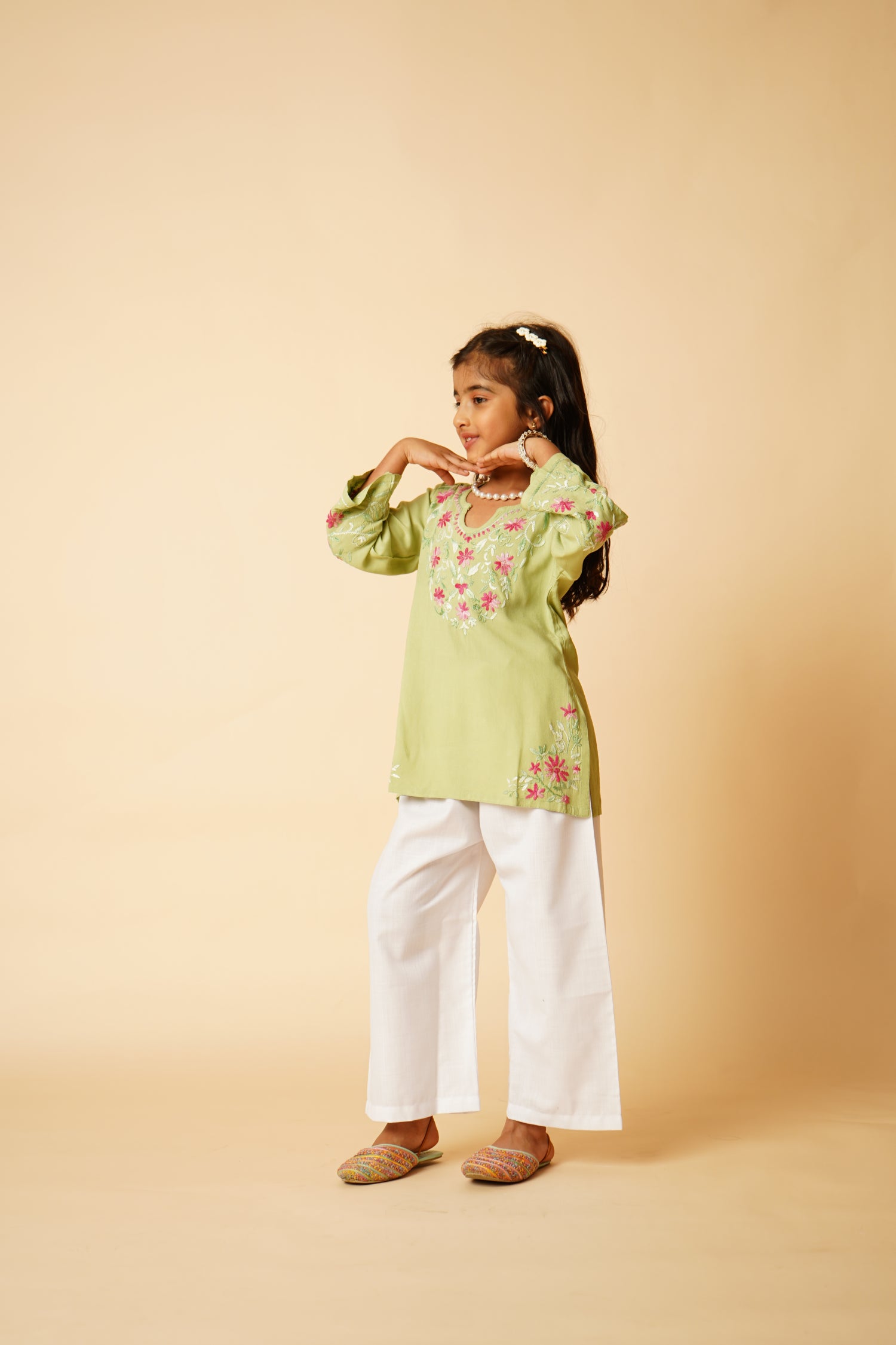 Chikankari Rayon Cotton Kids Kurta- Pista Green