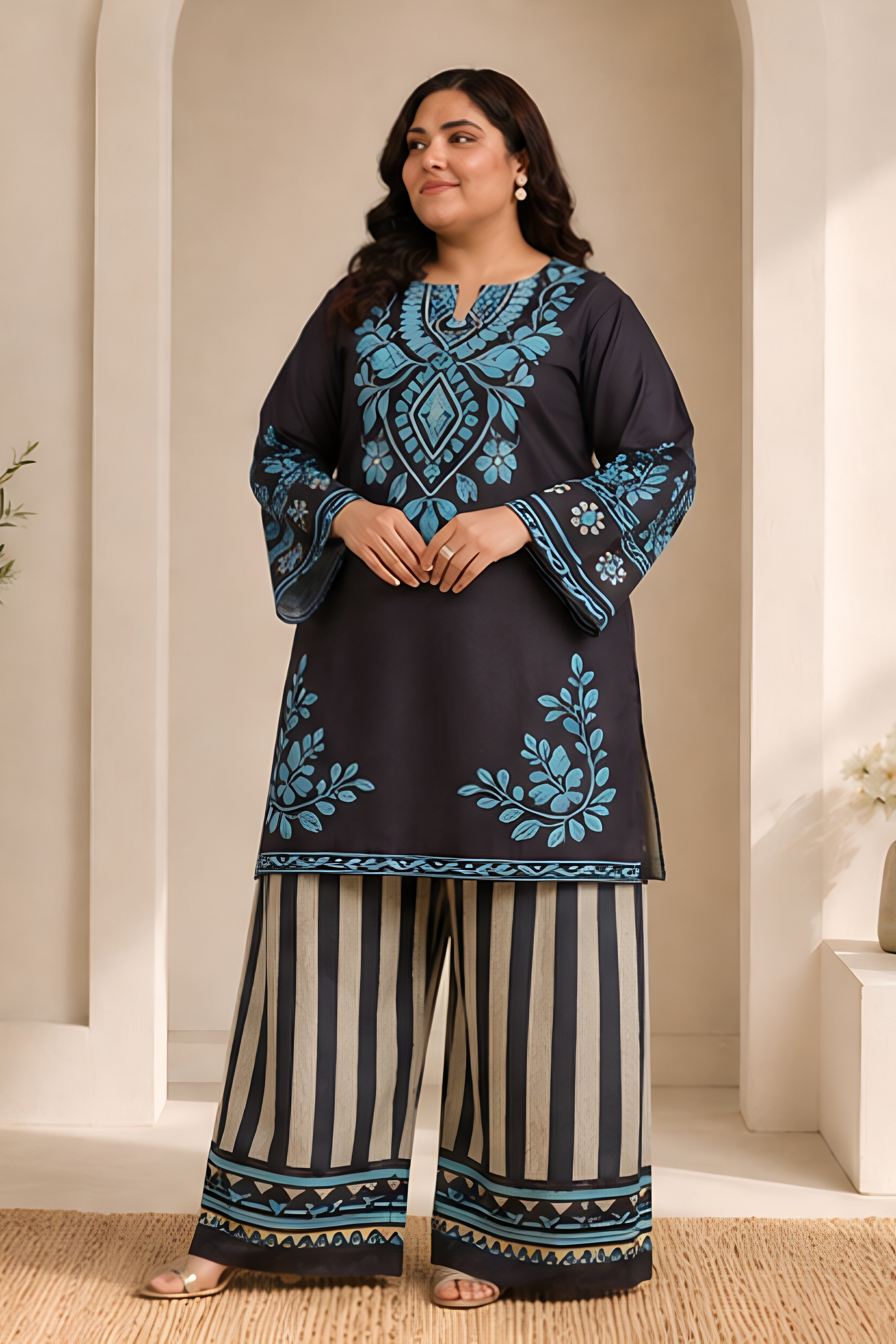 Plus Size - Black & Teal Printed Lawn Cotton Co-ord Set with Farsi Pants