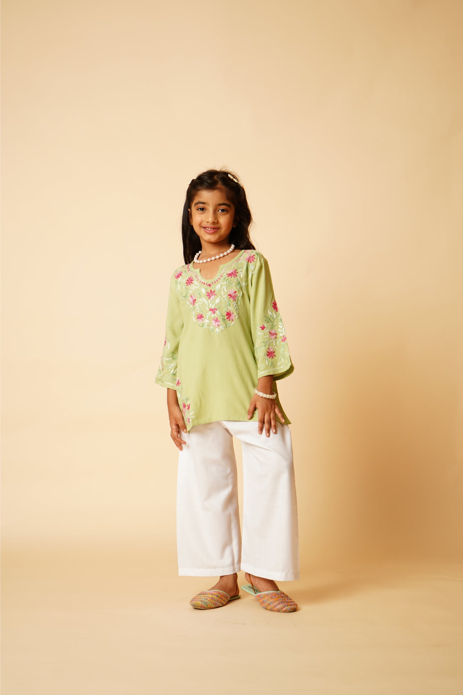 Chikankari Rayon Cotton Kids Kurta- Pista Green