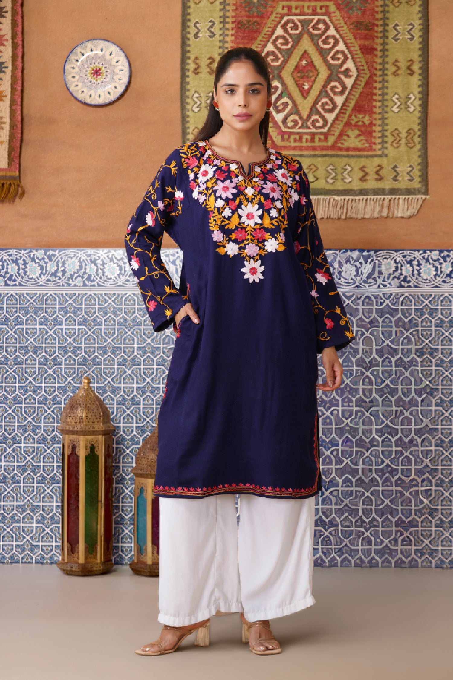 Woolen Phiran in Kashmiri Aari Embroidery - Blue
