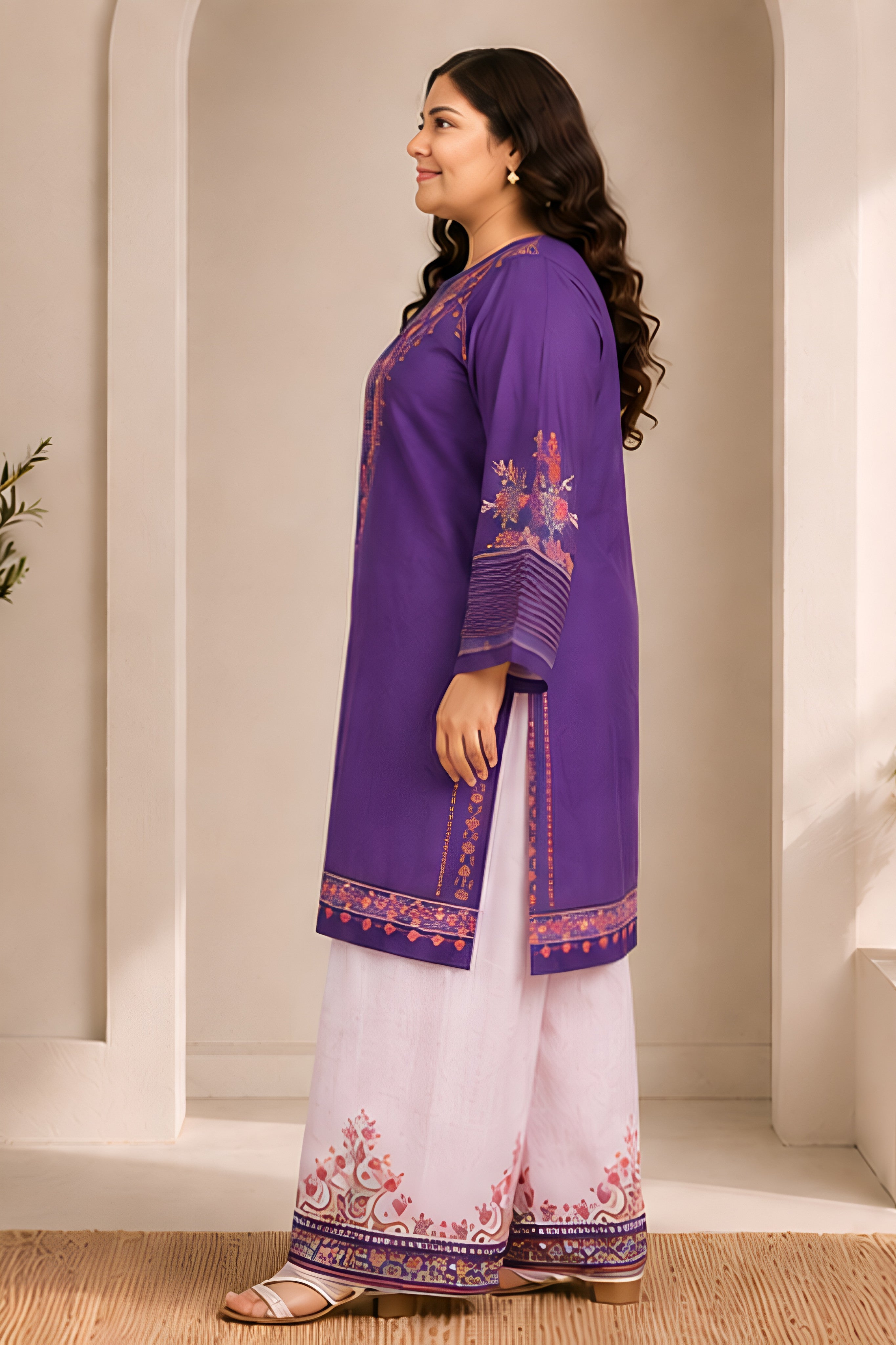 Plus Size - Purple Floral Printed Lawn Cotton Co-ord Set