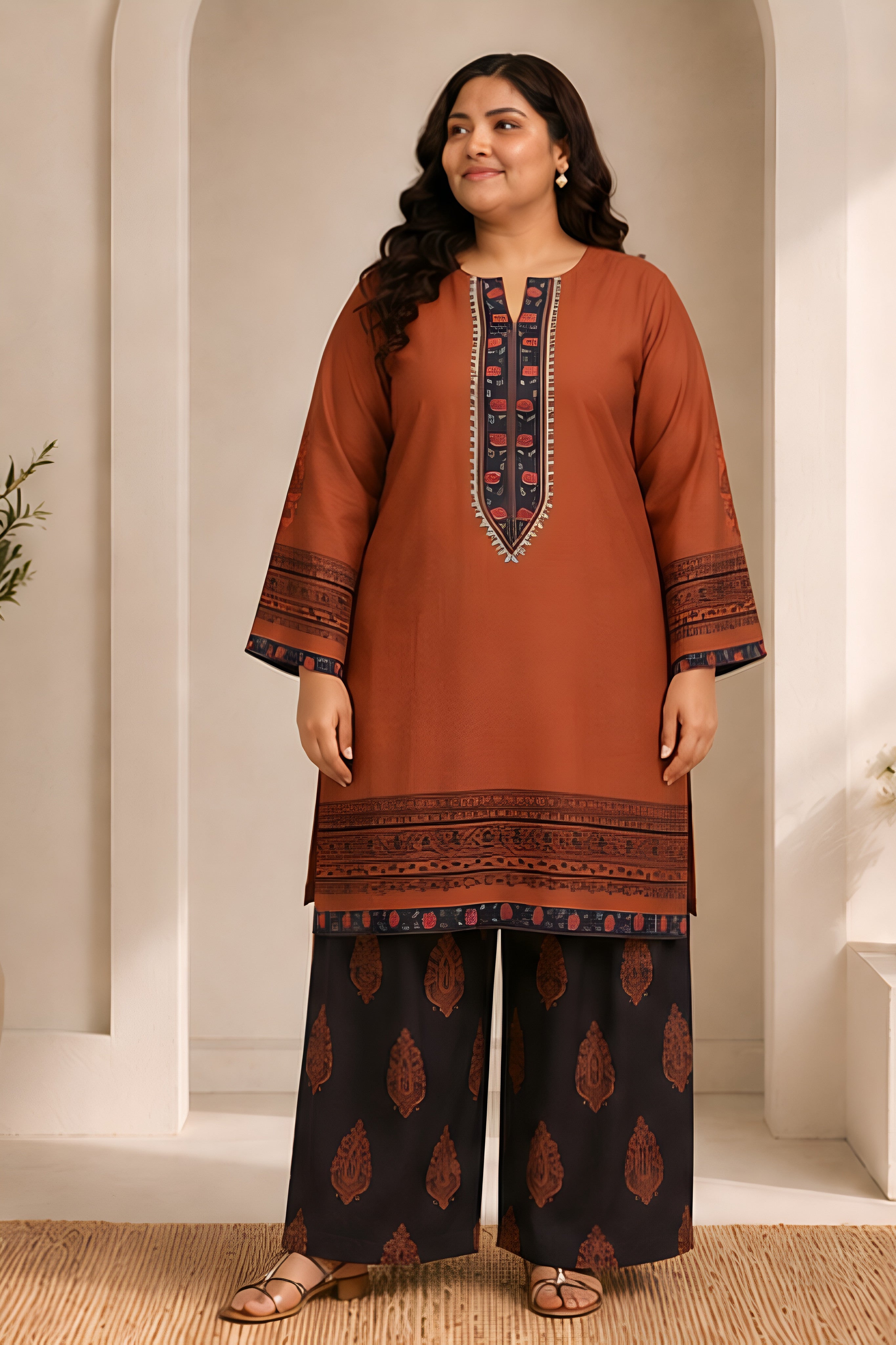 Plus Size - Cocoa Brown Printed Lawn Cotton Co-ord Set
