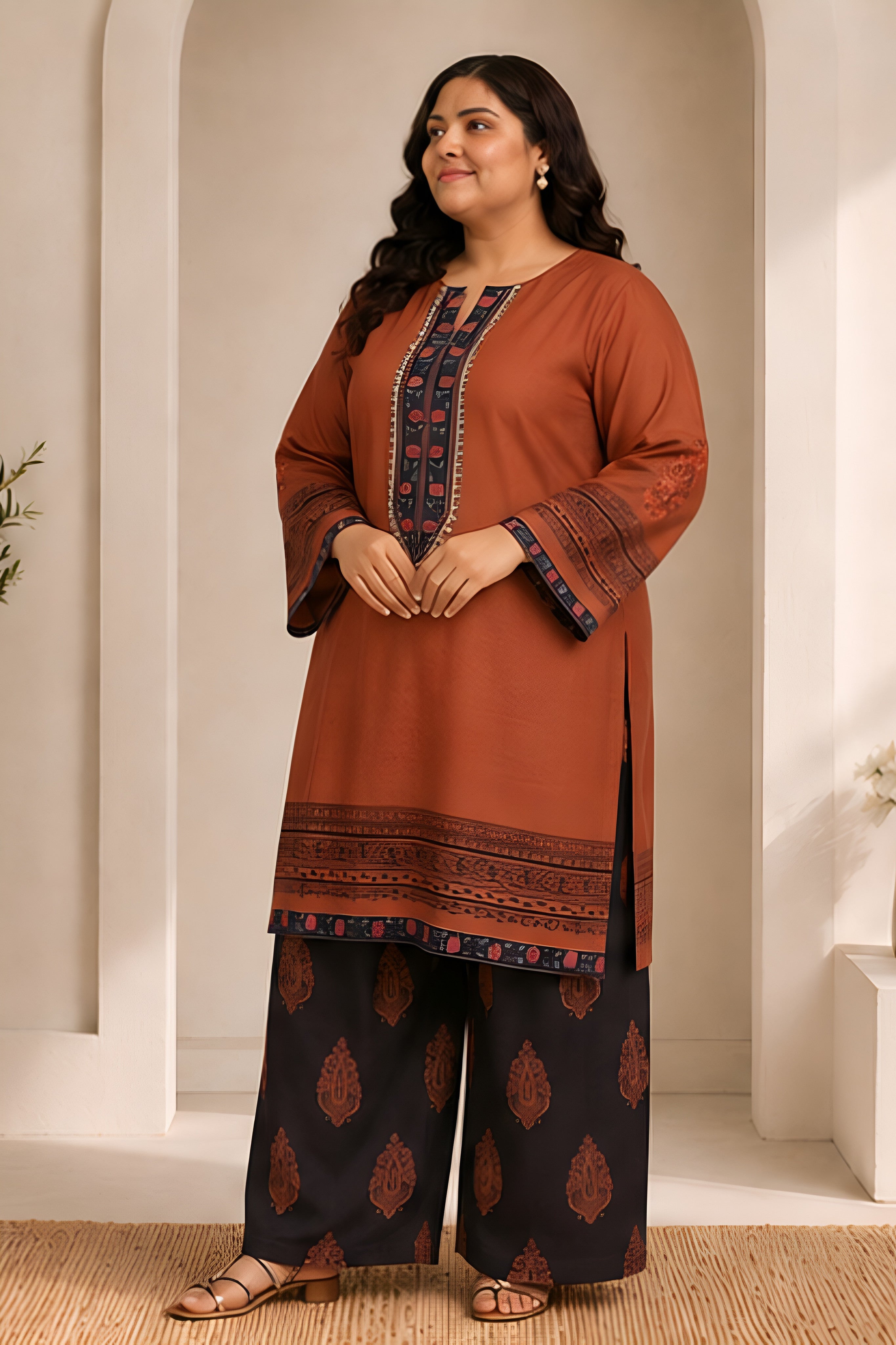 Plus Size - Cocoa Brown Printed Lawn Cotton Co-ord Set