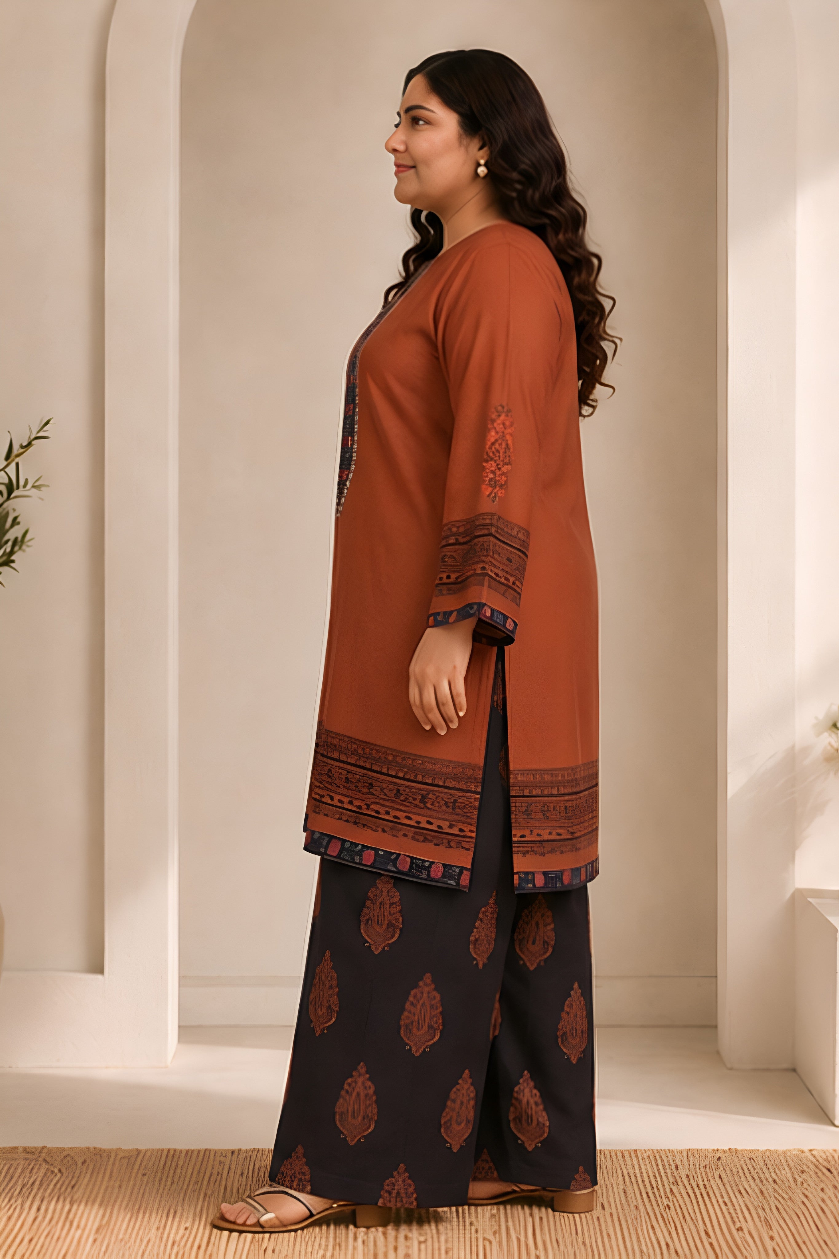 Plus Size - Cocoa Brown Printed Lawn Cotton Co-ord Set