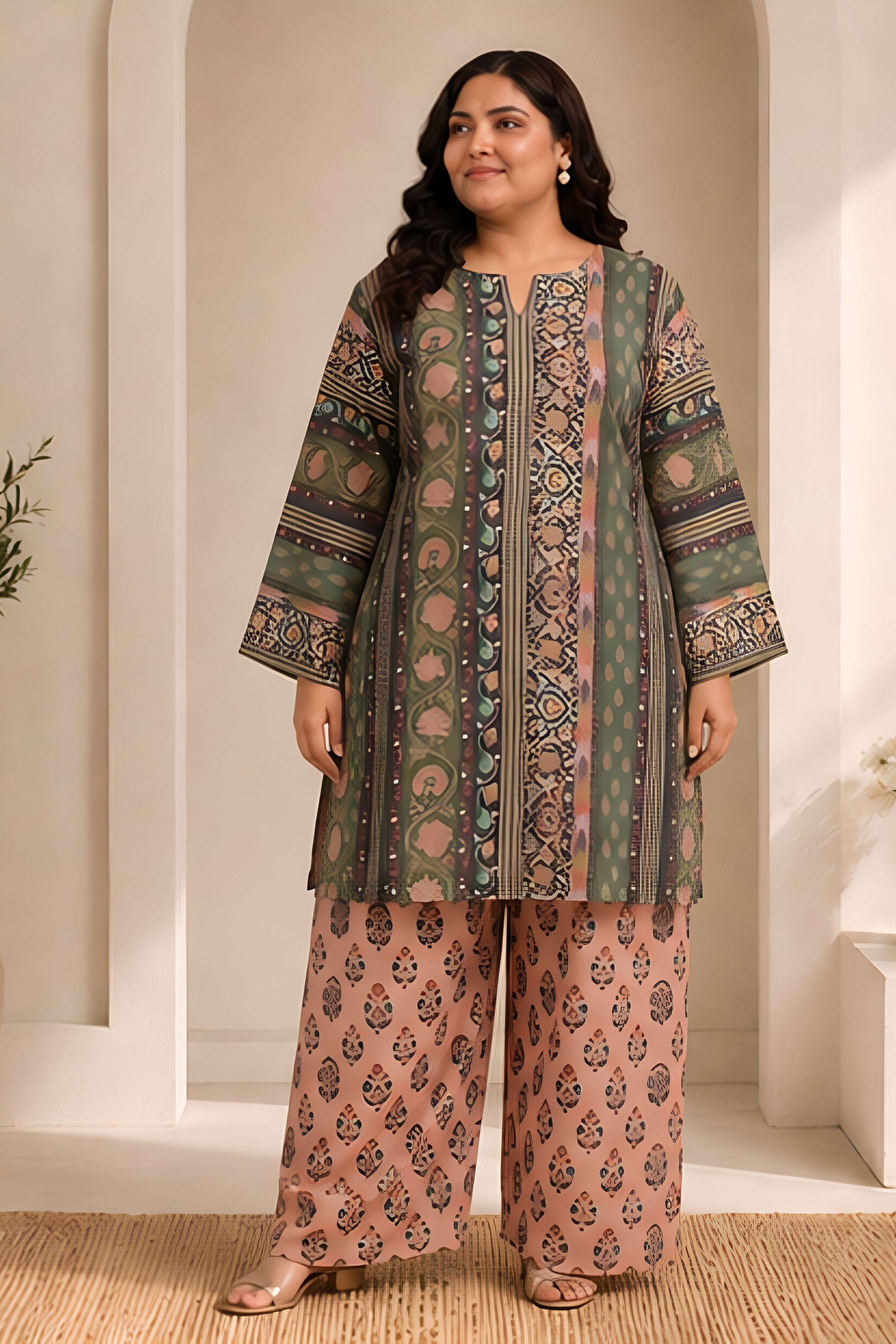 Plus Size - Forest Green Printed Lawn Cotton Co-ord Set