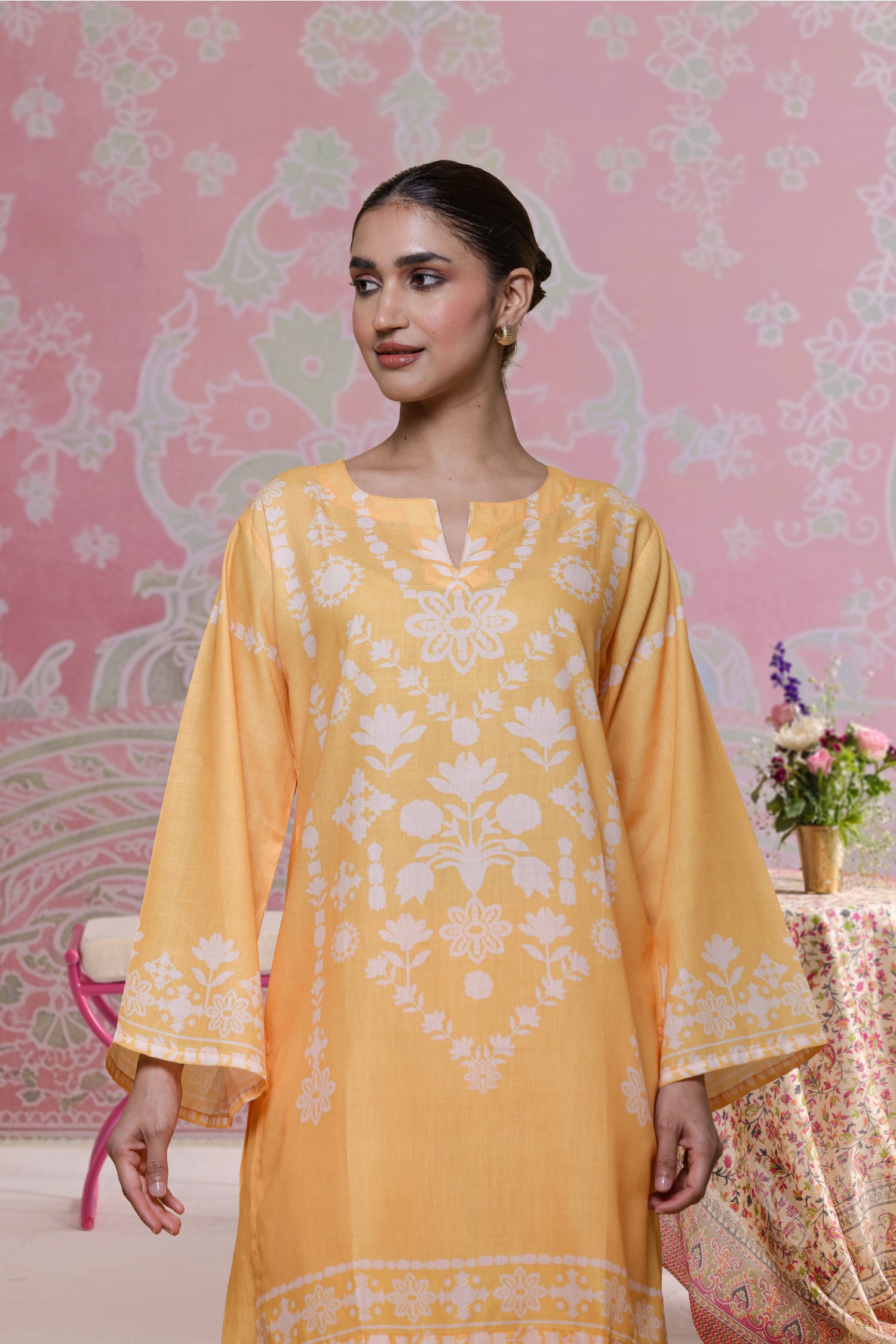 Sunshine Yellow Printed Lawn Cotton Kurta Set with Farsi Pants