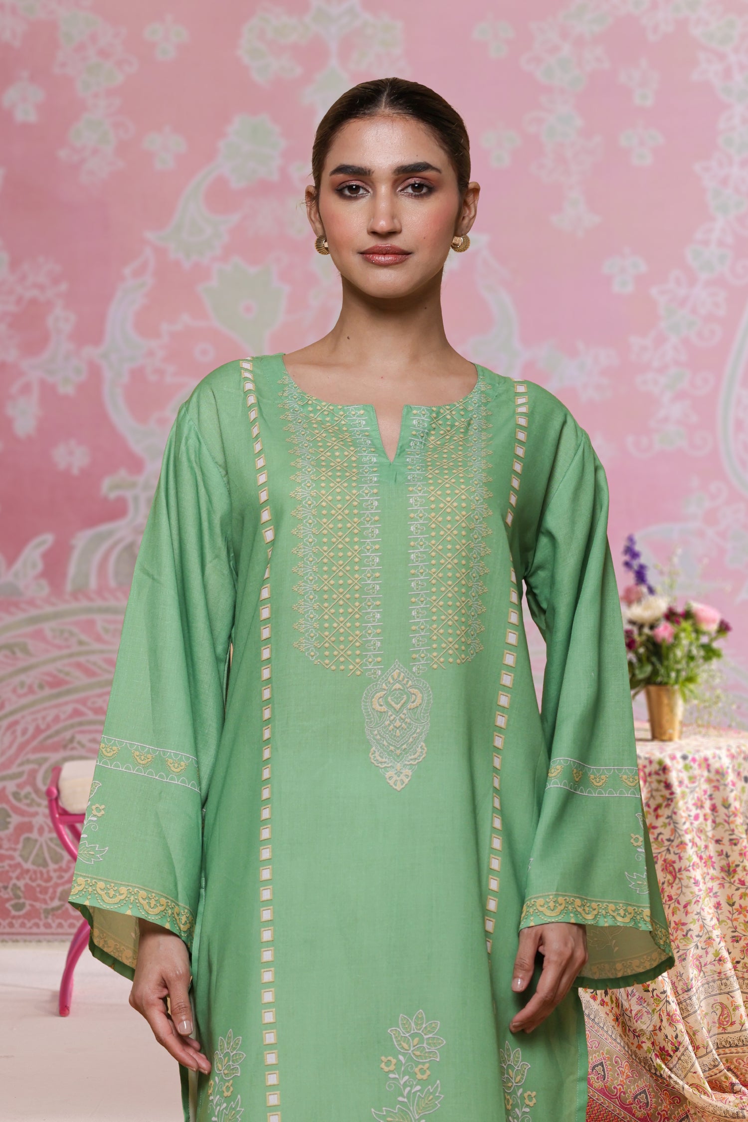 Green Printed Lawn Cotton Kurta Set with Farsi Pants