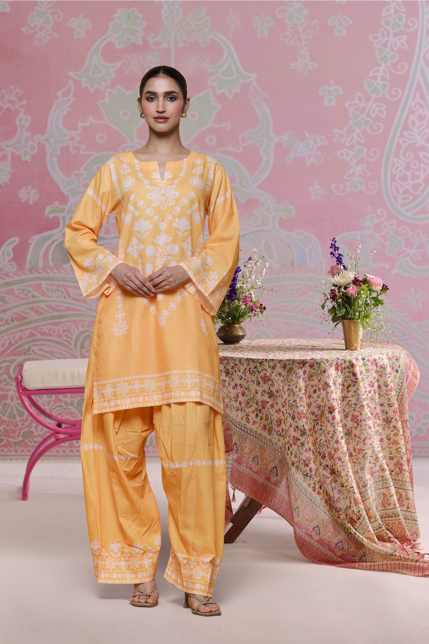 Sunshine Yellow Printed Lawn Cotton Kurta Set with Farsi Pants