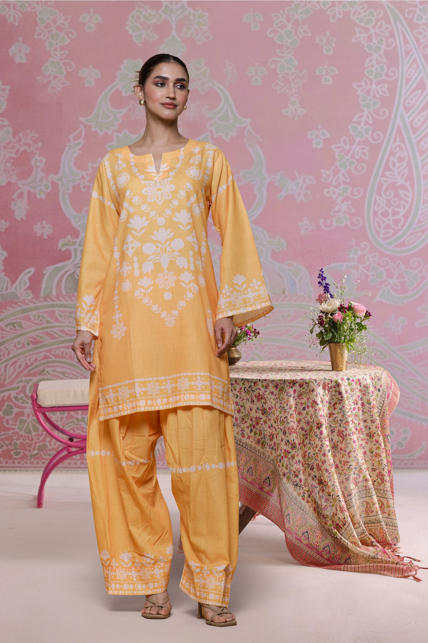 Sunshine Yellow Printed Lawn Cotton Kurta Set with Farsi Pants