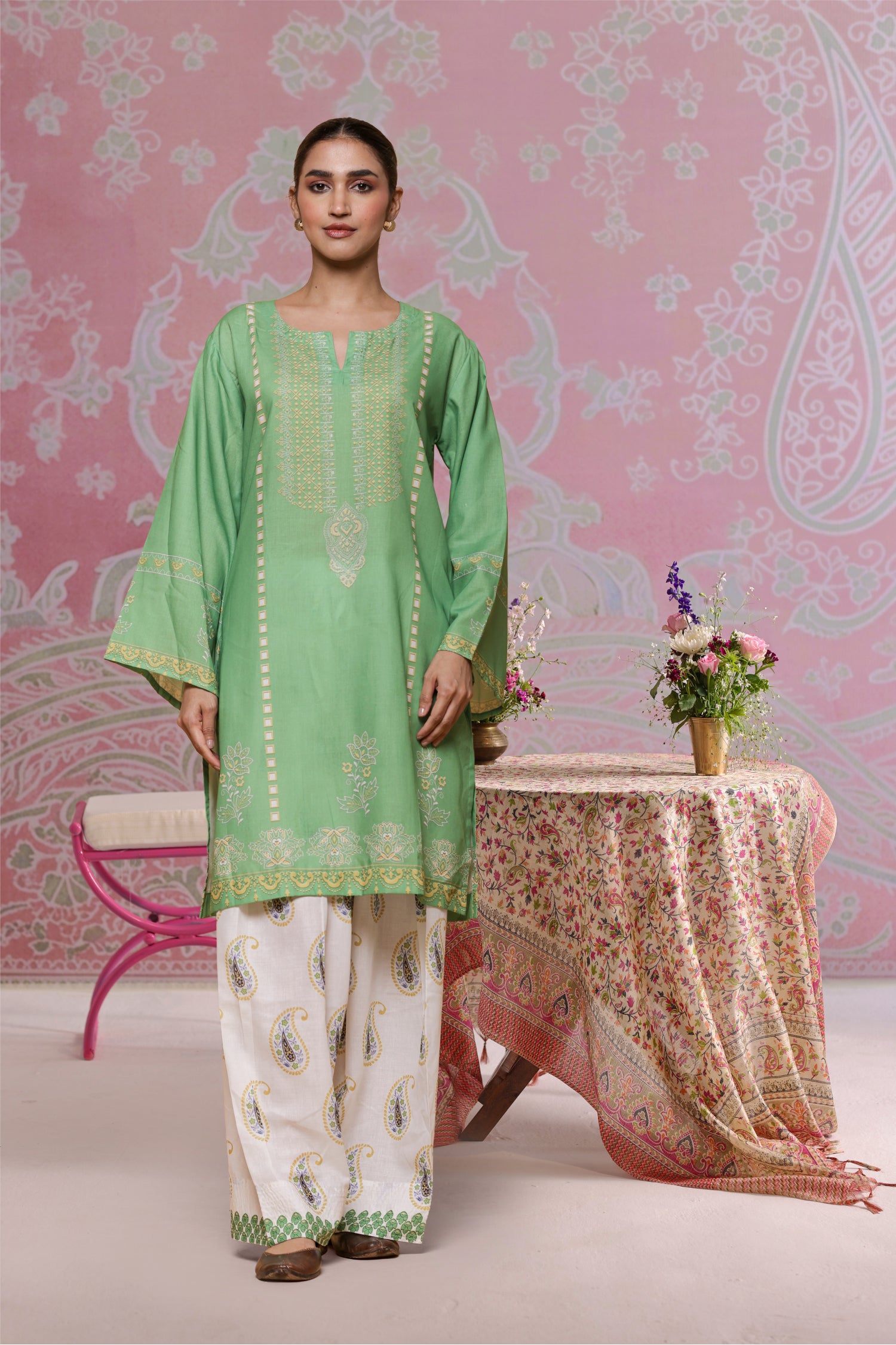 Green Printed Lawn Cotton Kurta Set with Farsi Pants
