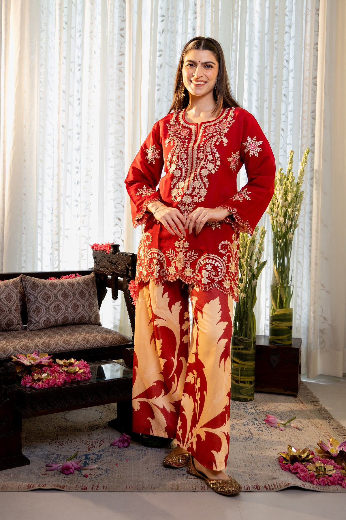 Embroidered Mul Chanderi Printed Pant Kurta Set in Deep Wine