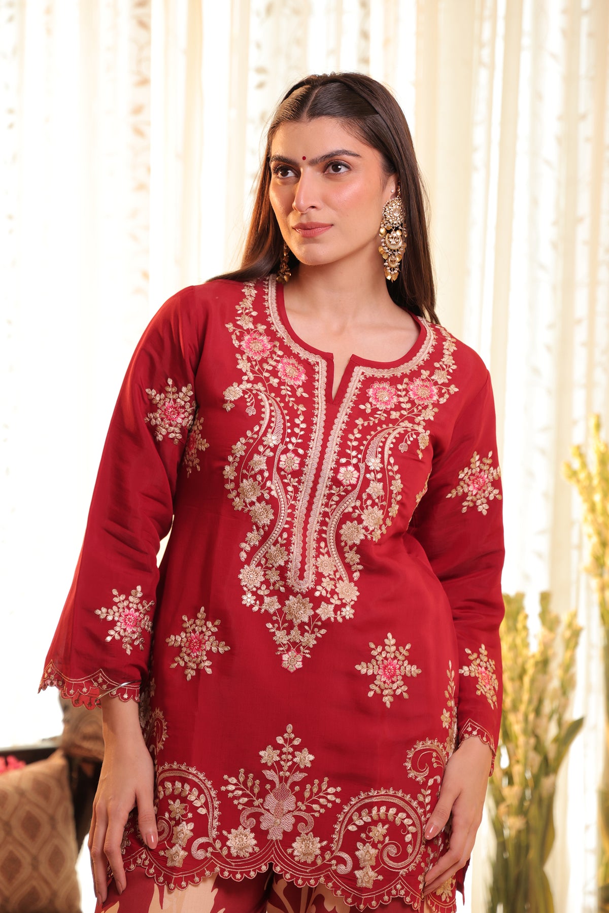 Embroidered Mul Chanderi Printed Pant Kurta Set in Deep Wine