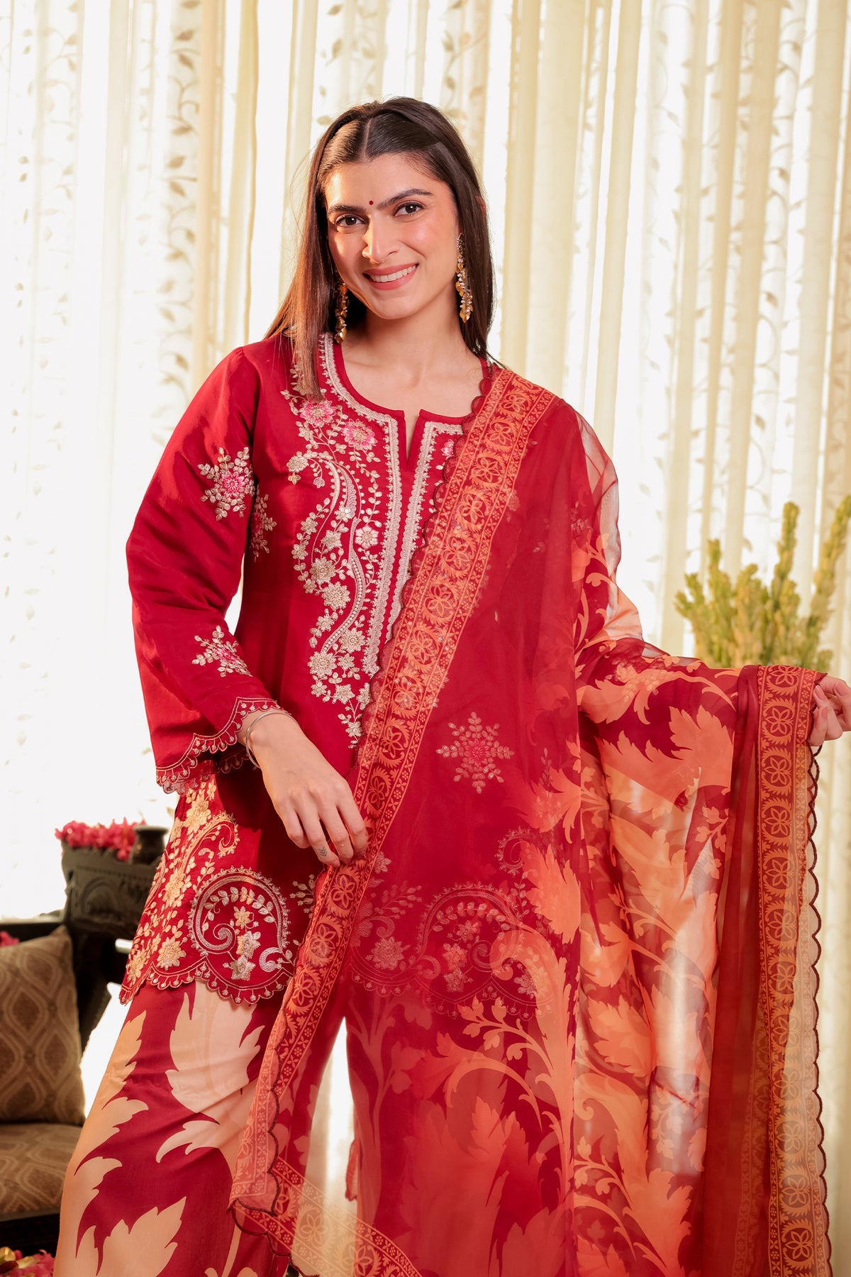 Printed Organza Dupatta in Deep Wine