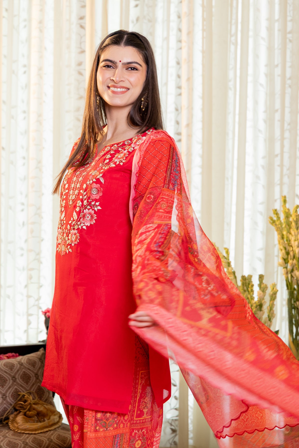Embroidered Mul Chanderi Printed Farsi Kurta Set in Fuchsia Pink