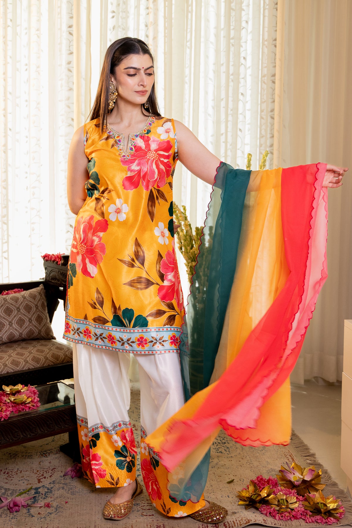 Printed Organza Dupatta in Mustard Yellow