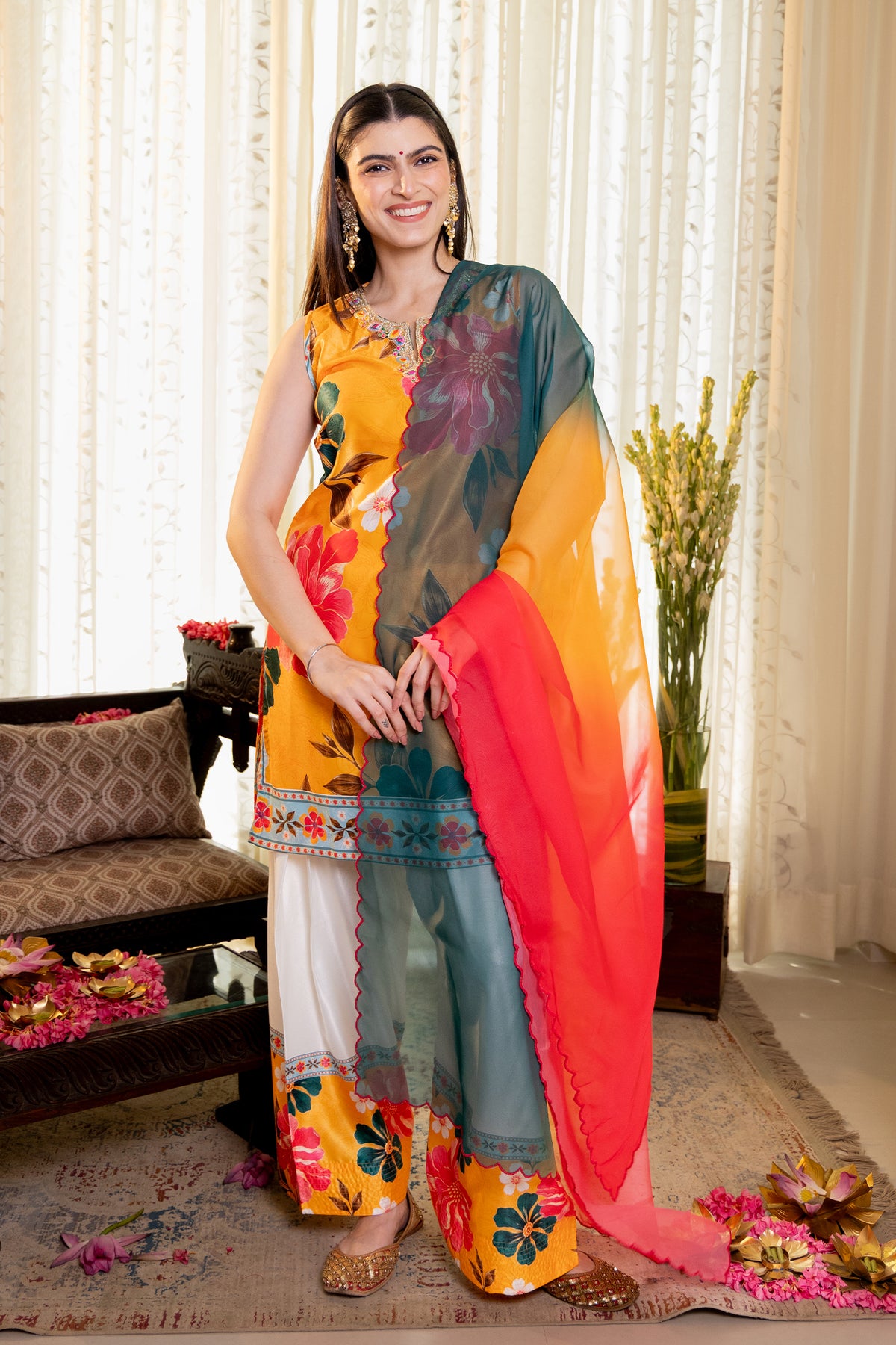 Floral Printed Cupro Silk Farsi Kurta Set in Mustard Yellow
