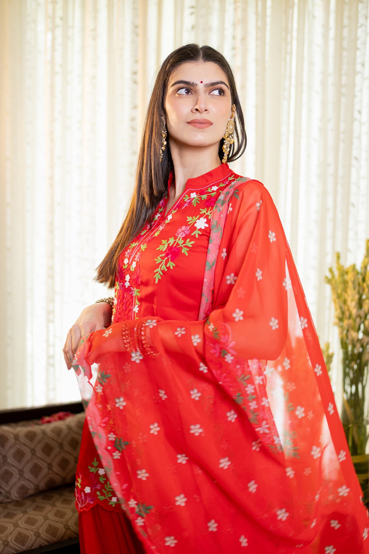 Printed Organza Dupatta in Bright Red
