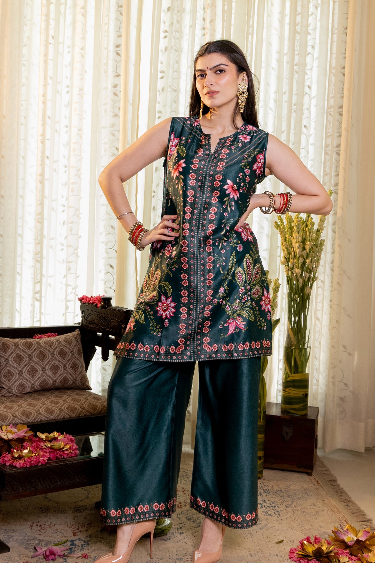 Floral Printed Cupro Silk Co-ord Set in Deep Green