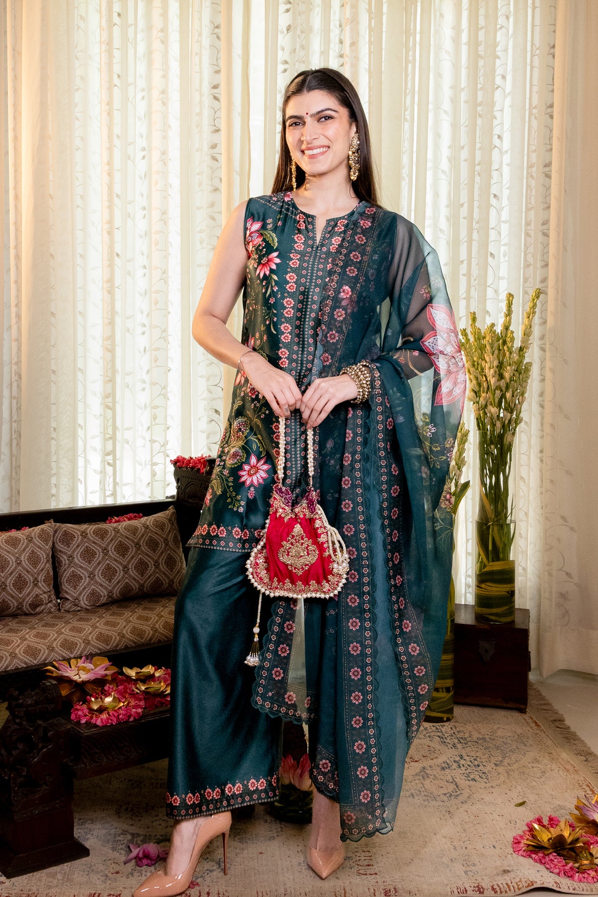 Printed Organza Dupatta in Deep Green