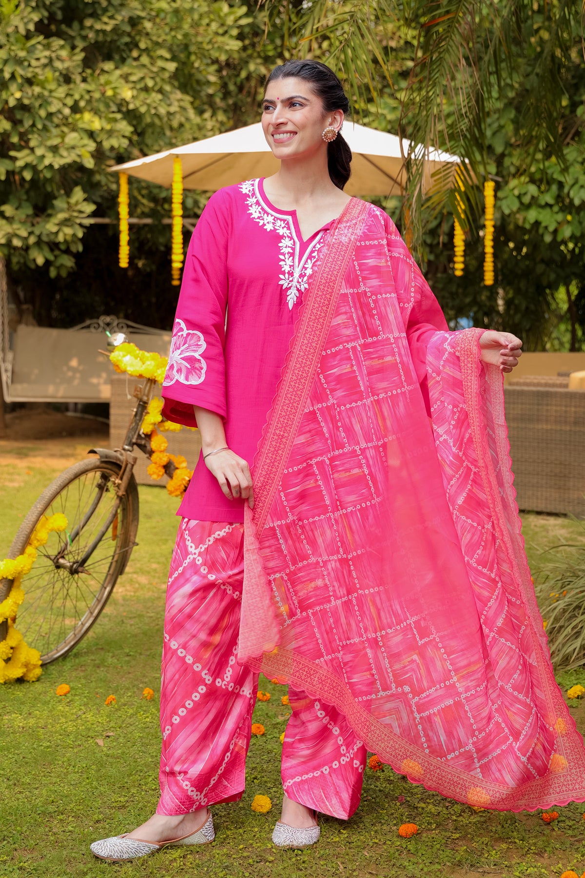 Printed Organza Dupatta in Vibrant Pink