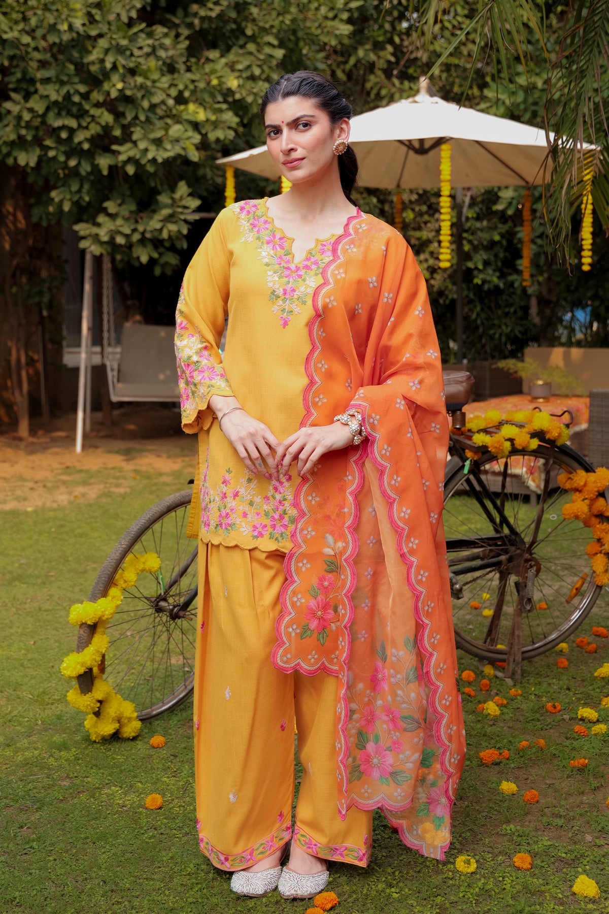 Kashmiri Aari Laser-Cut Ruby Cotton Farsi Kurta Set in Mustard Yellow