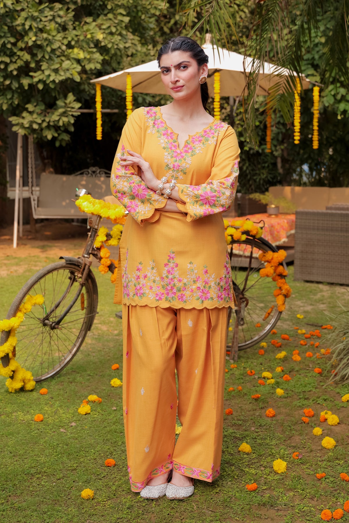 Kashmiri Aari Laser-Cut Ruby Cotton Farsi Kurta Set in Mustard Yellow